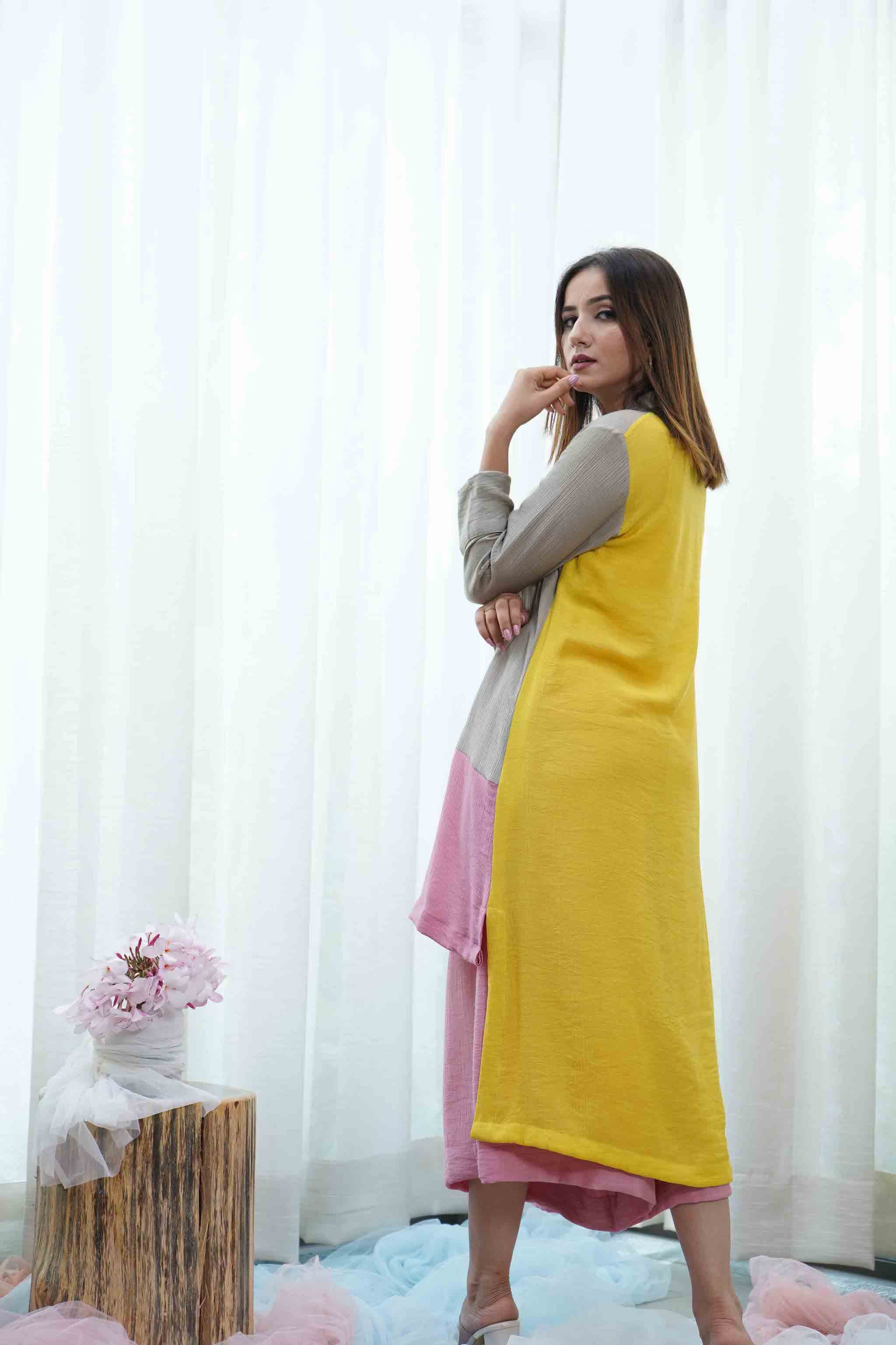 Pink ,Yellow And Grey Button Down Shirt