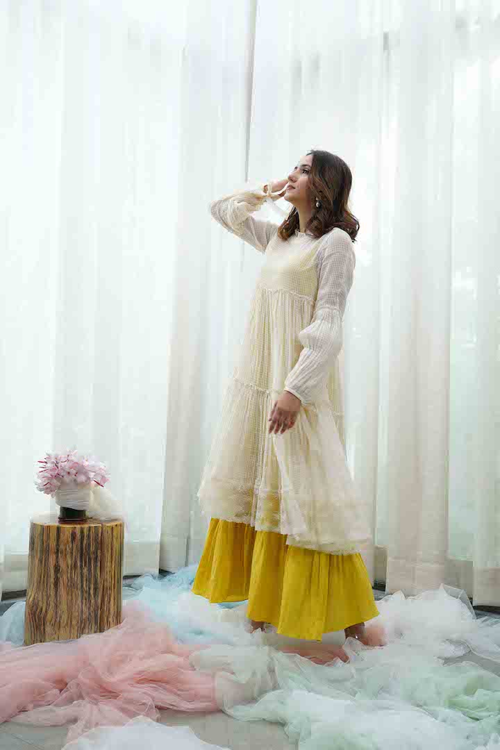 Off-white Tiered Dress And Yellow Inner With Frills
