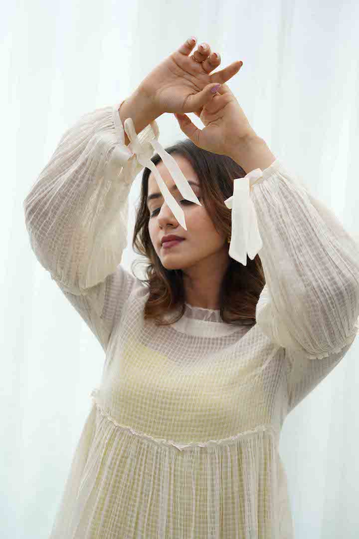 Off-white Tiered Dress And Yellow Inner With Frills