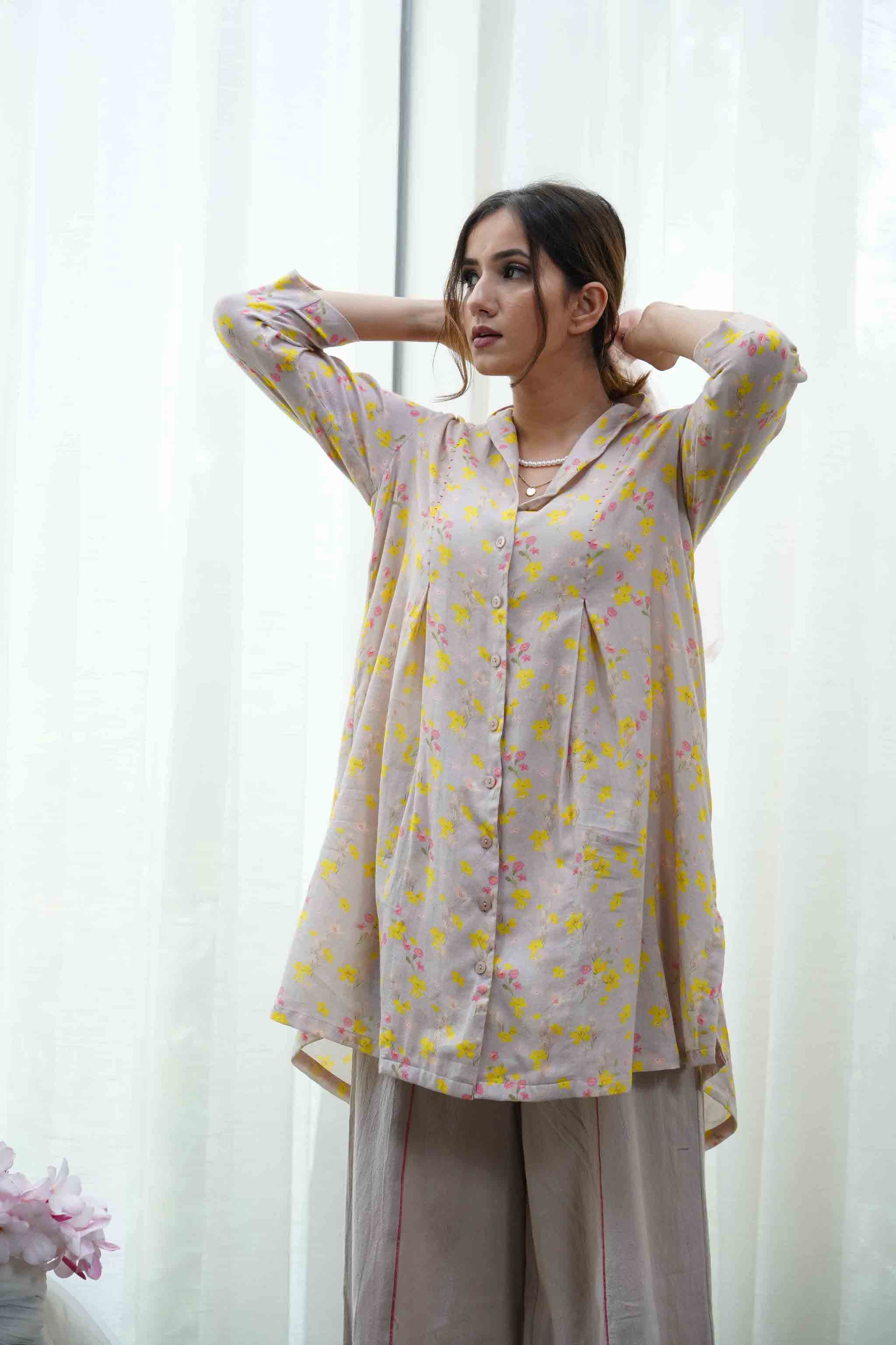 Lilac Floral Printed Top With Pants