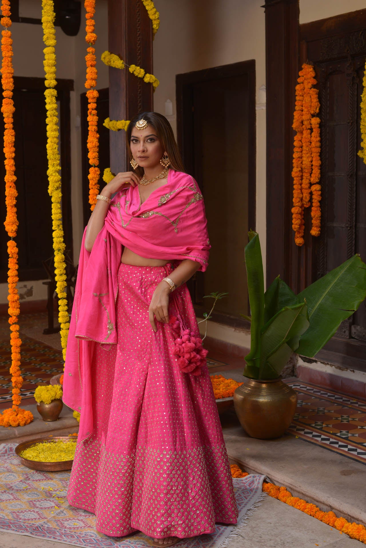 Hot Pink Embroidered Lehenga Set