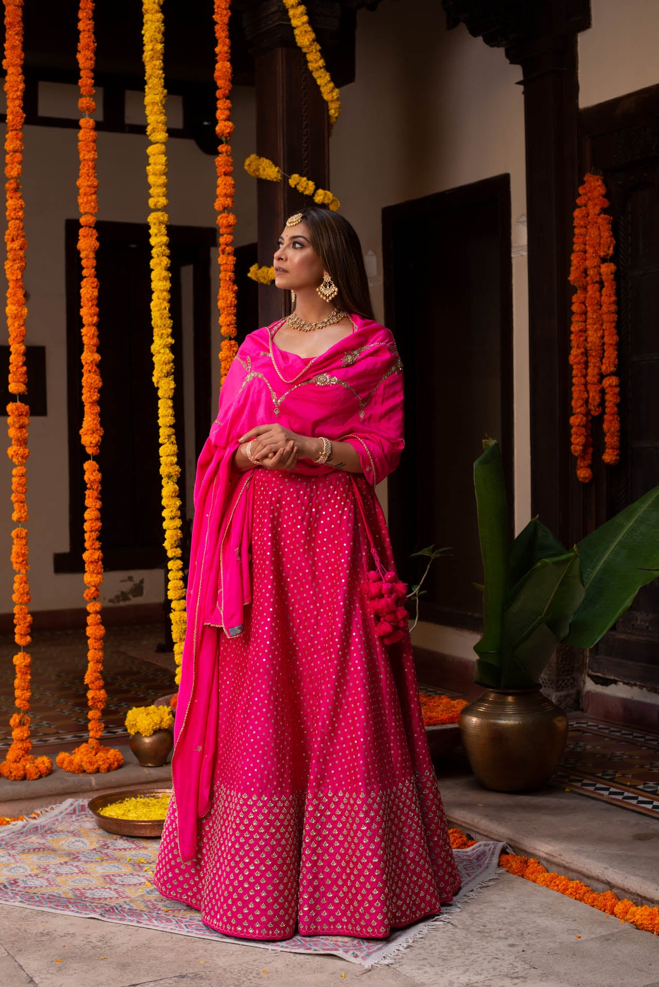 Hot Pink Embroidered Lehenga Set