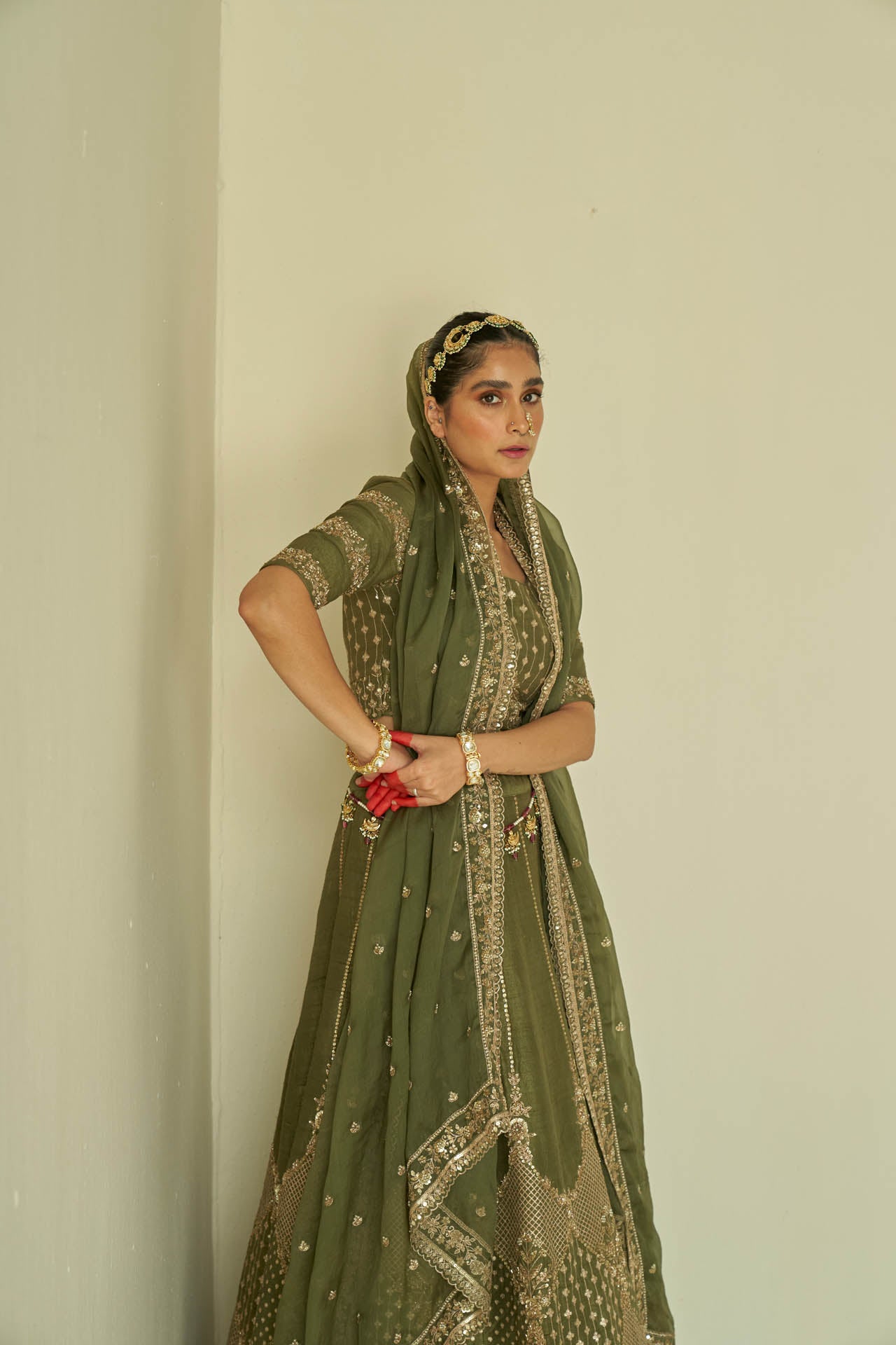 Olive Raw Silk Lehenga Set