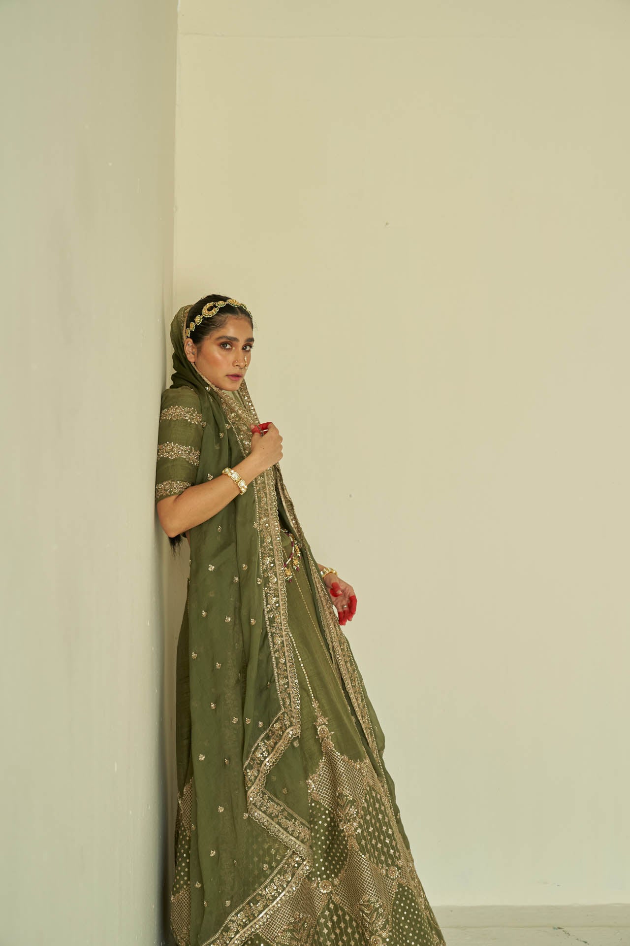 Olive Raw Silk Lehenga Set