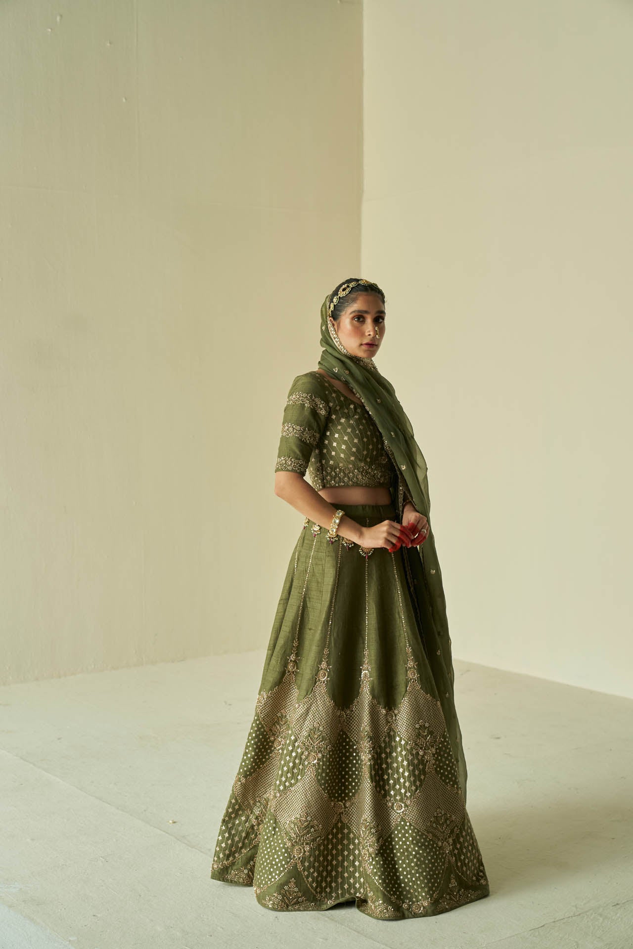 Olive Raw Silk Lehenga Set