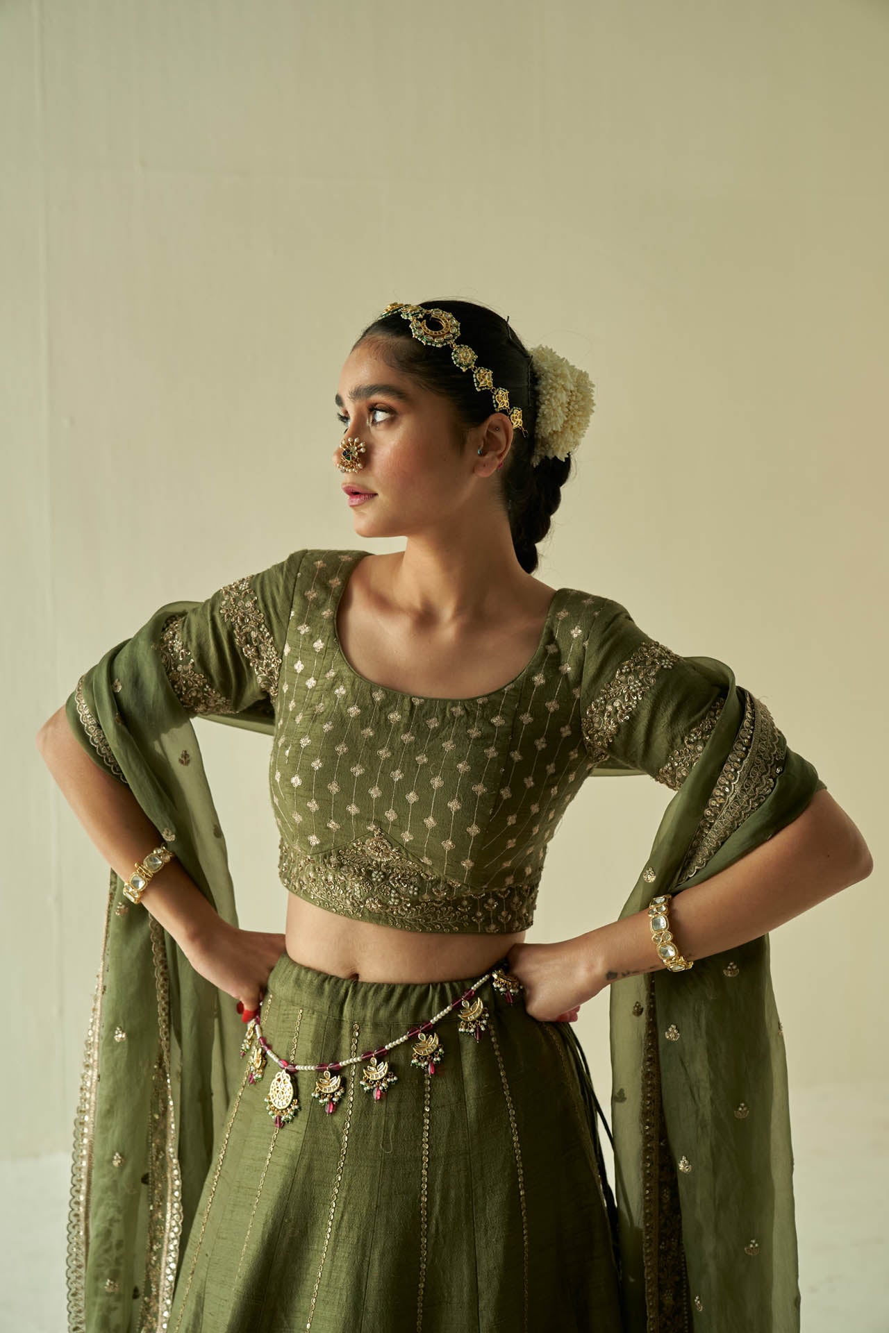 Olive Raw Silk Lehenga Set