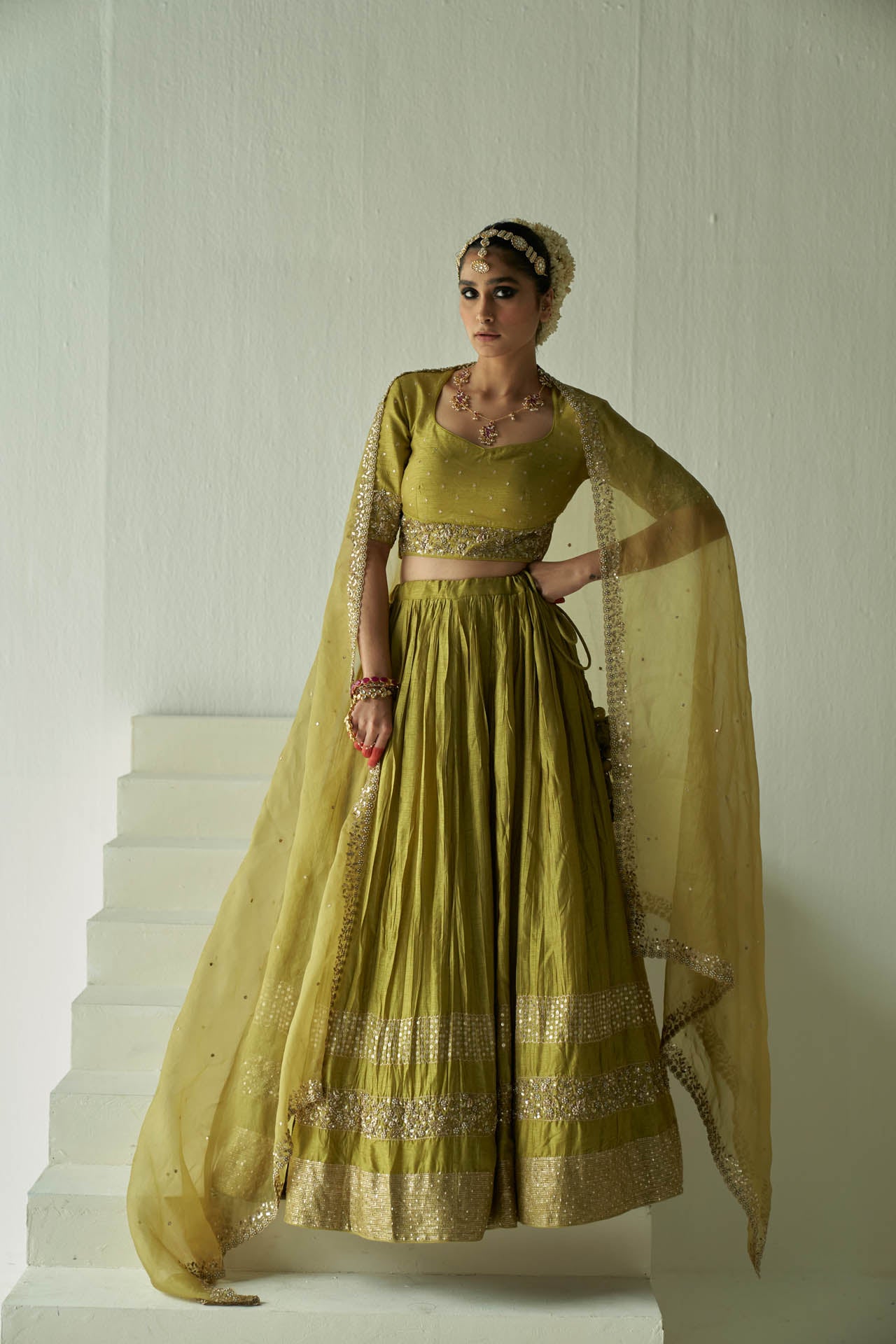 Lime Green 3-Border Lehenga Set