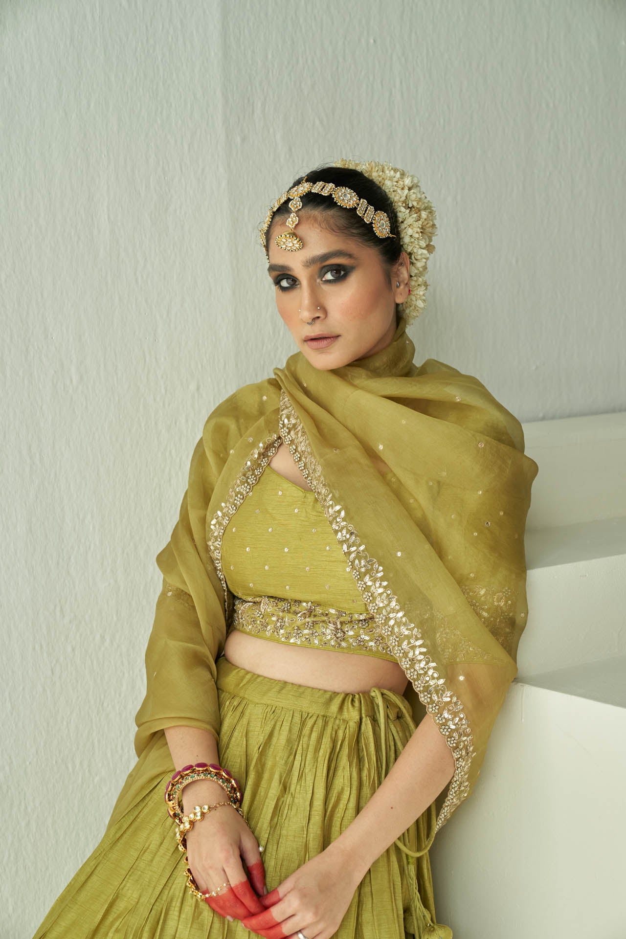 Lime Green 3-Border Lehenga Set