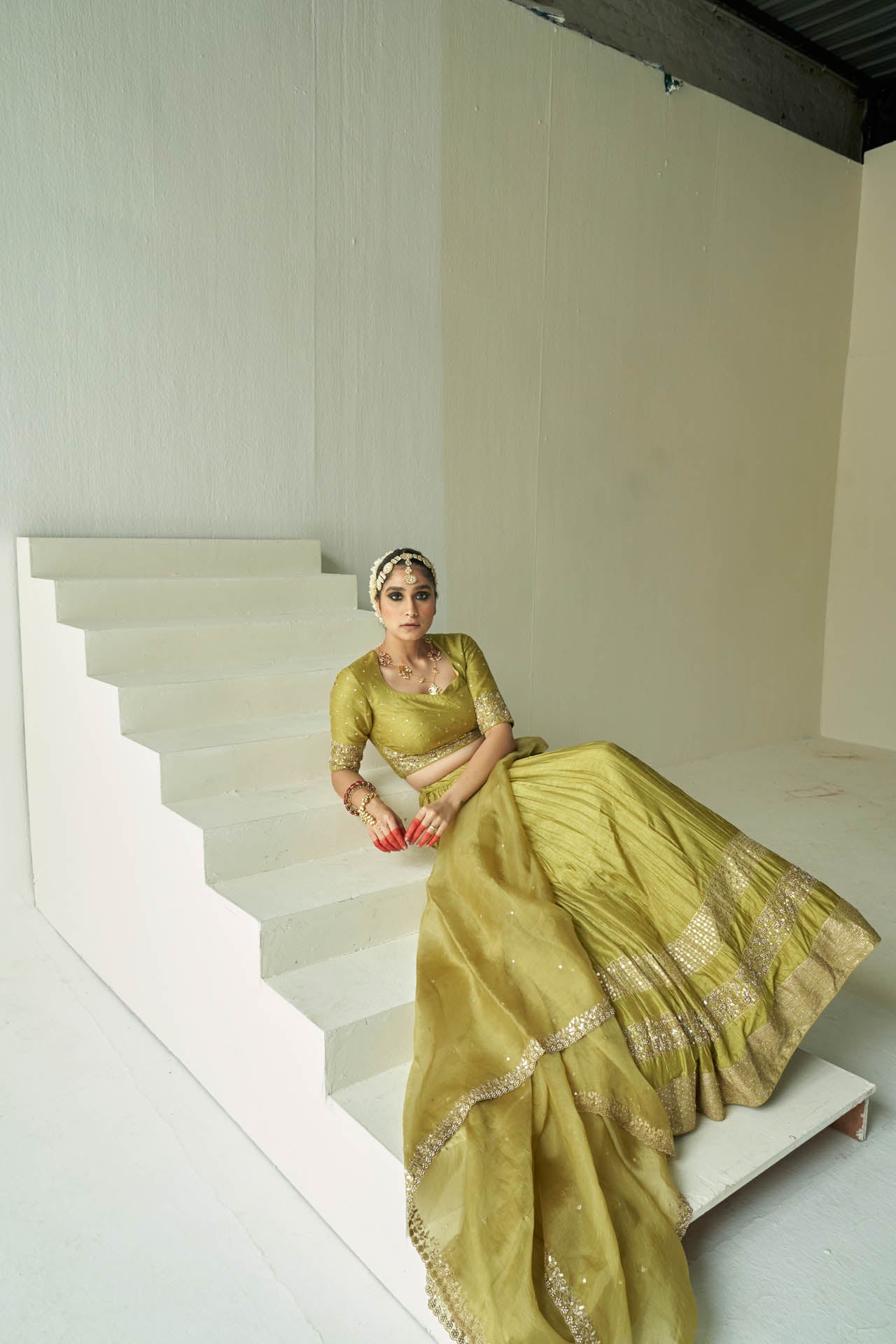 Lime Green 3-Border Lehenga Set