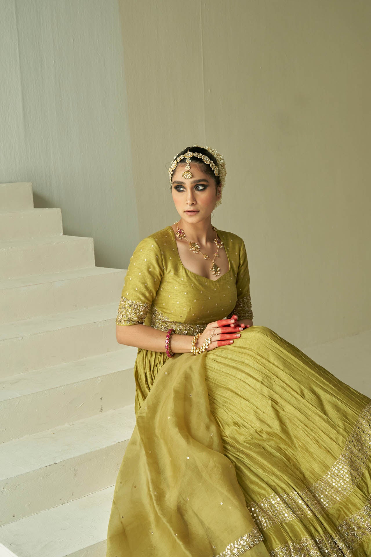 Lime Green 3-Border Lehenga Set