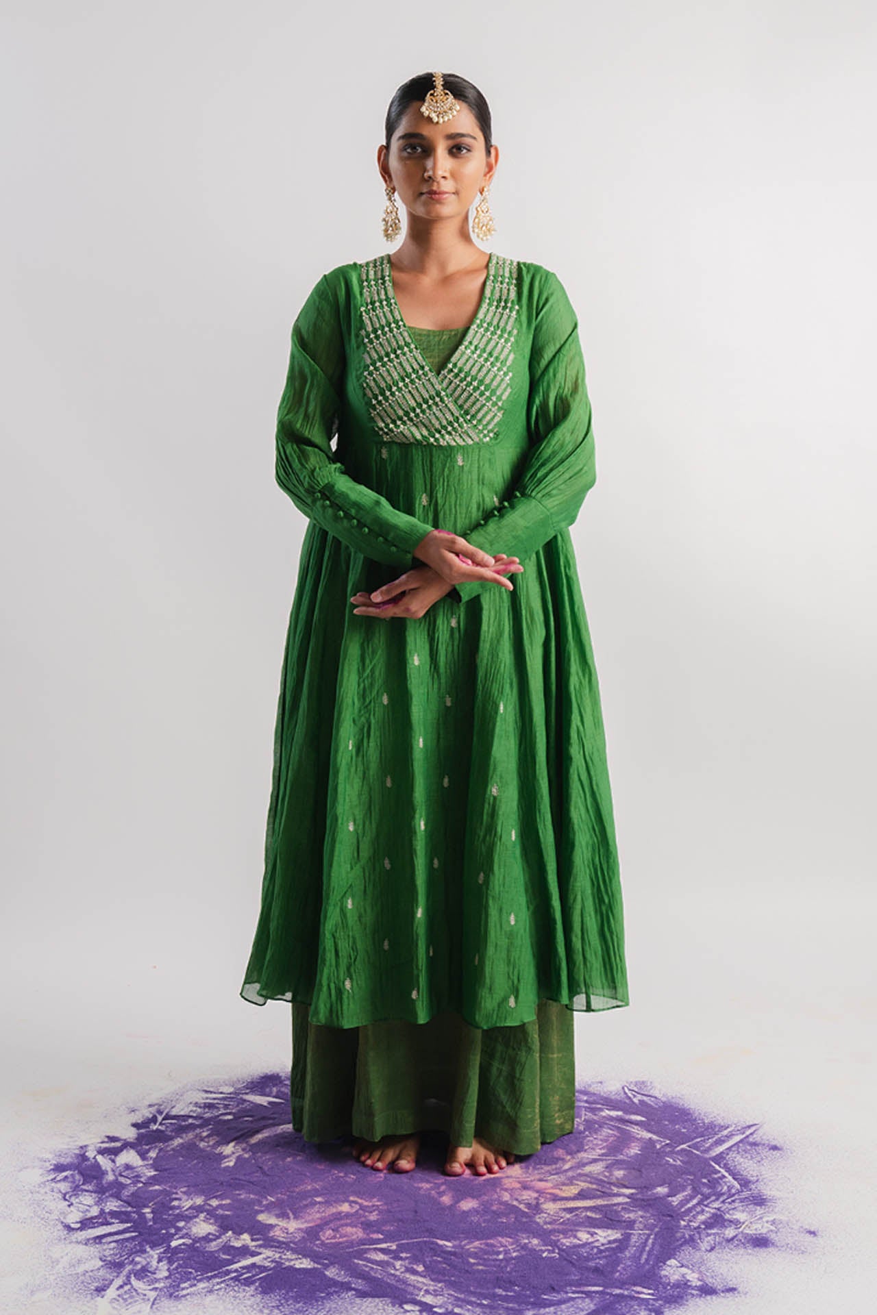 Green Chanderi Dress With Tissue Inner