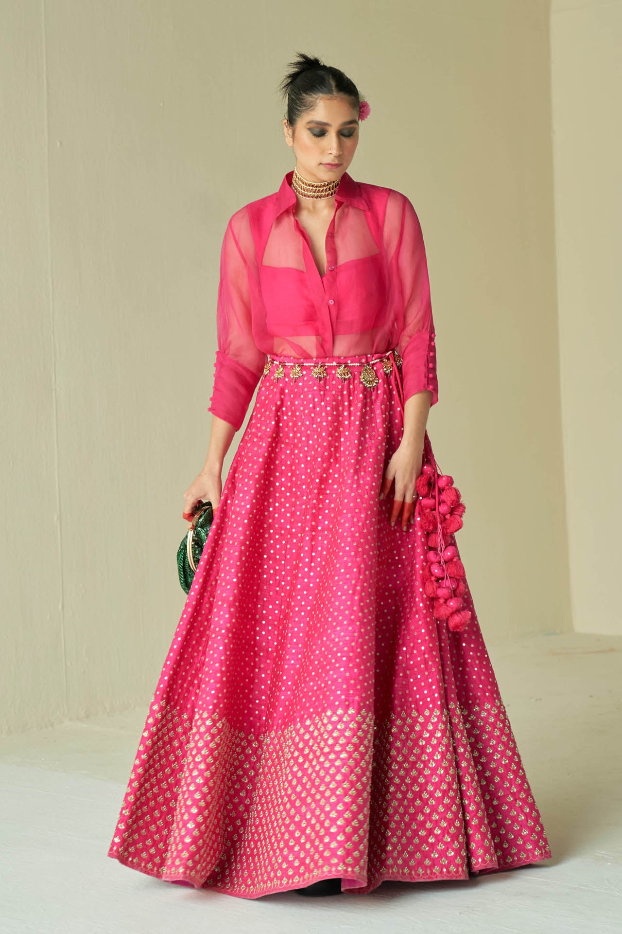 Hot Pink Shirt And Lehenga Set