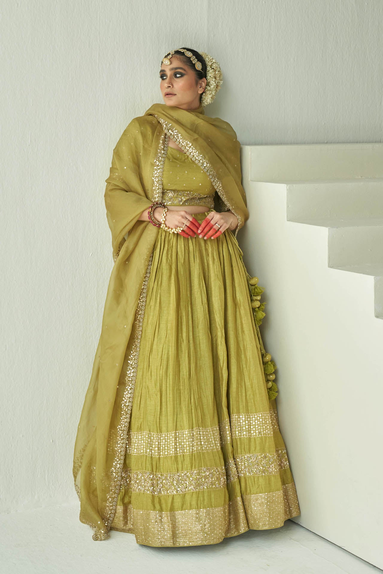 Lime Green 3-Border Lehenga Set