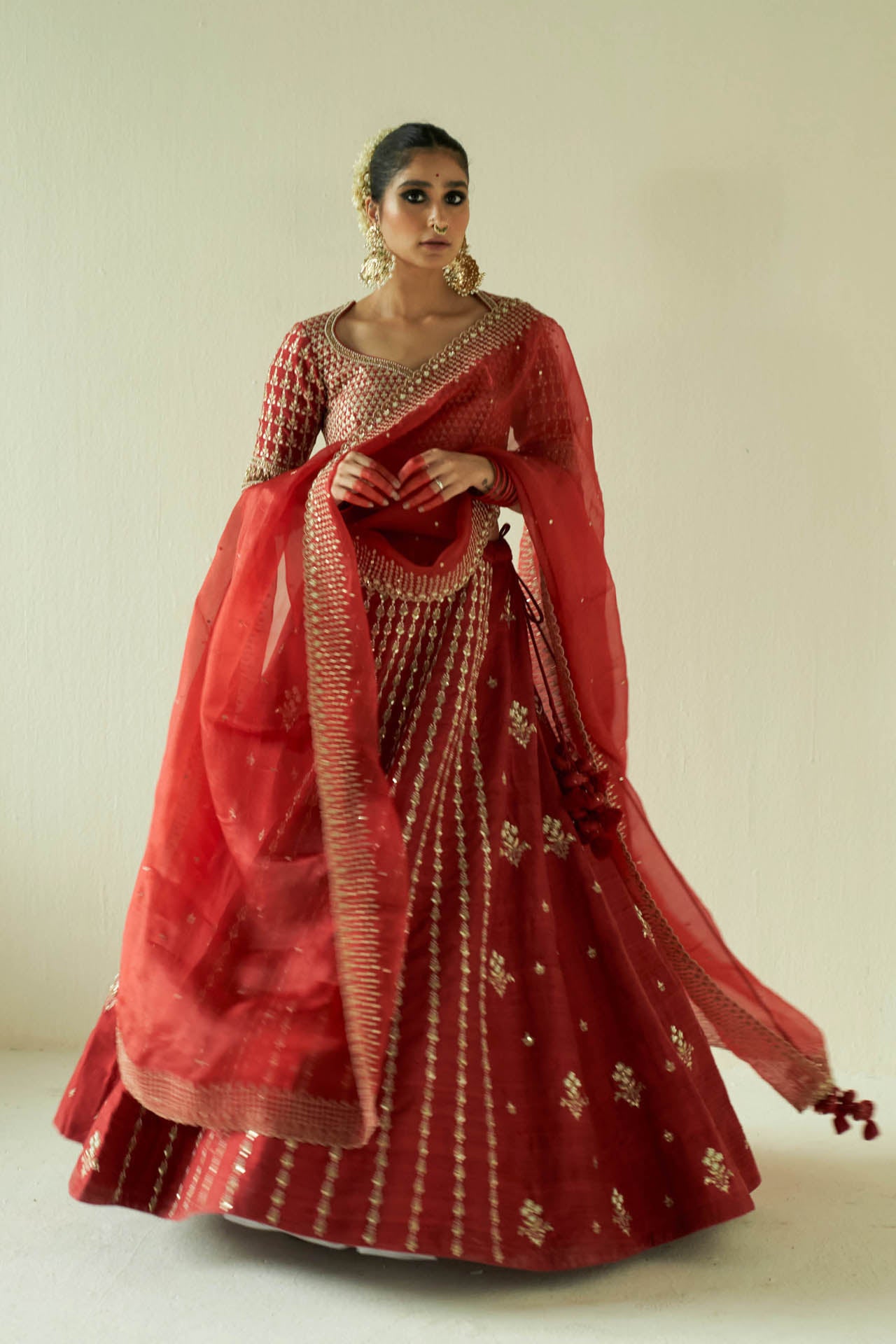 Red Vertical Line Work Lehenga Set