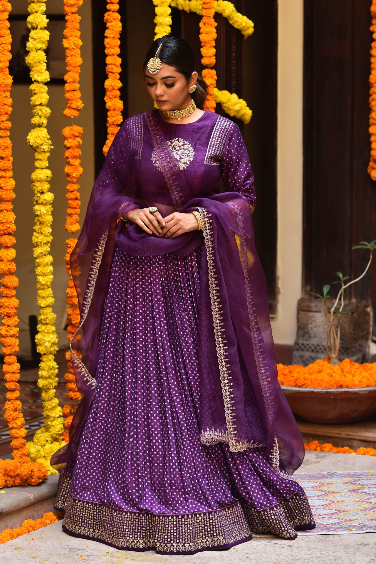 Purple Bandhani Print Lehenga Set