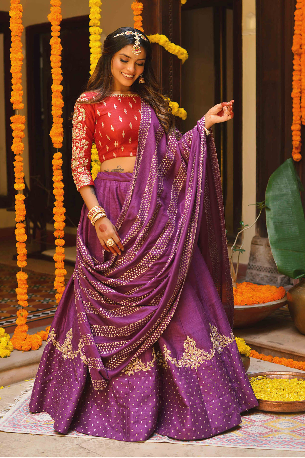 Purple Lehenga Set With Red Blouse