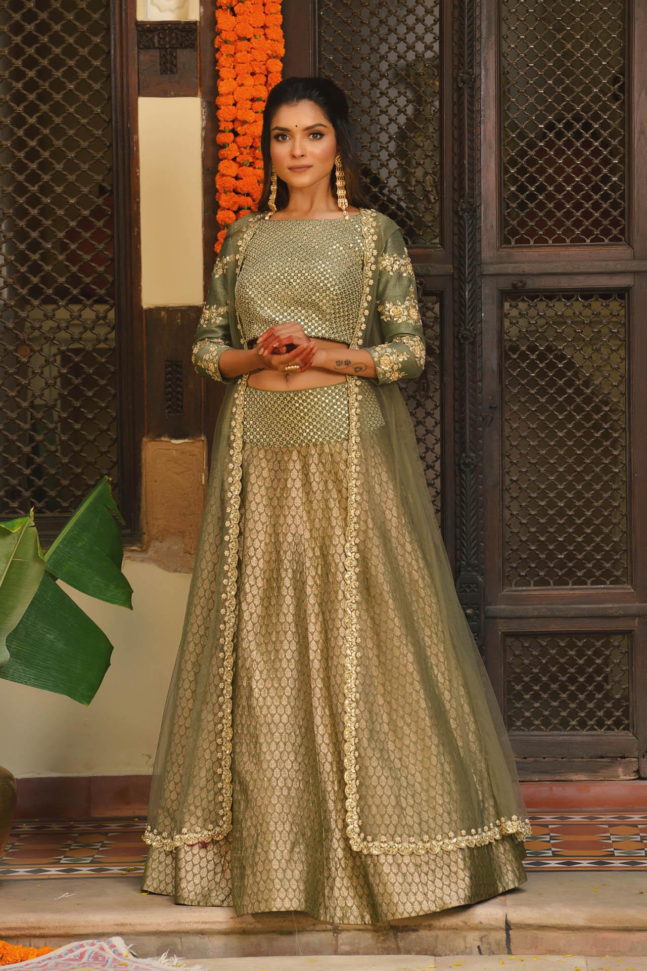 Green Net Jacket  And Banarasi Lehenga Set
