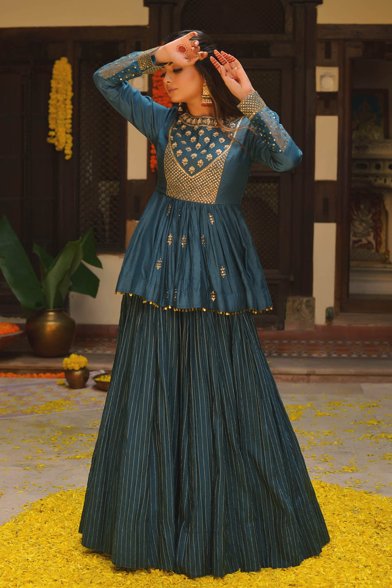 Blue Peplum & Zari Striped Lehenga Set