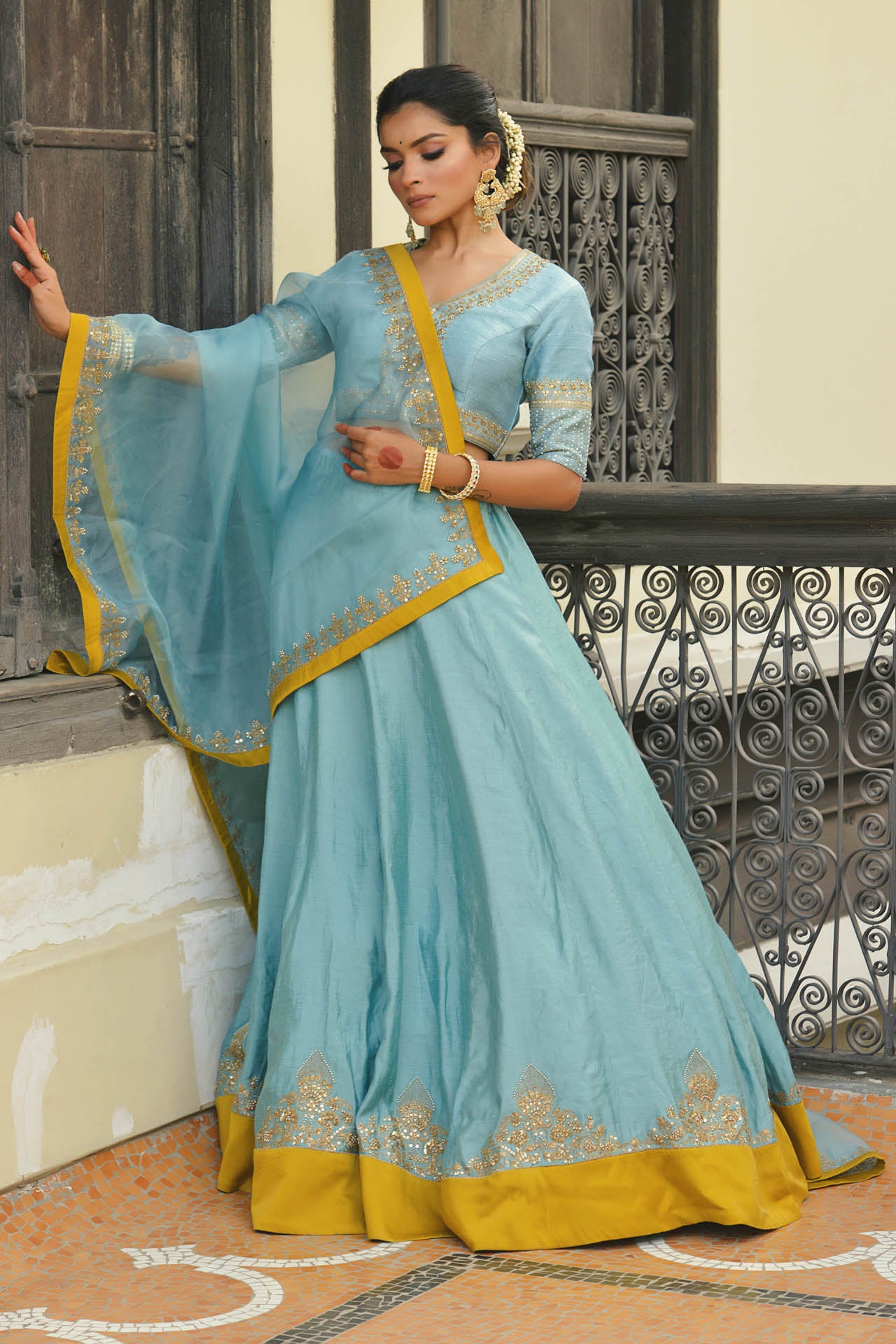 Powder Blue And Yellow Lehenga Set