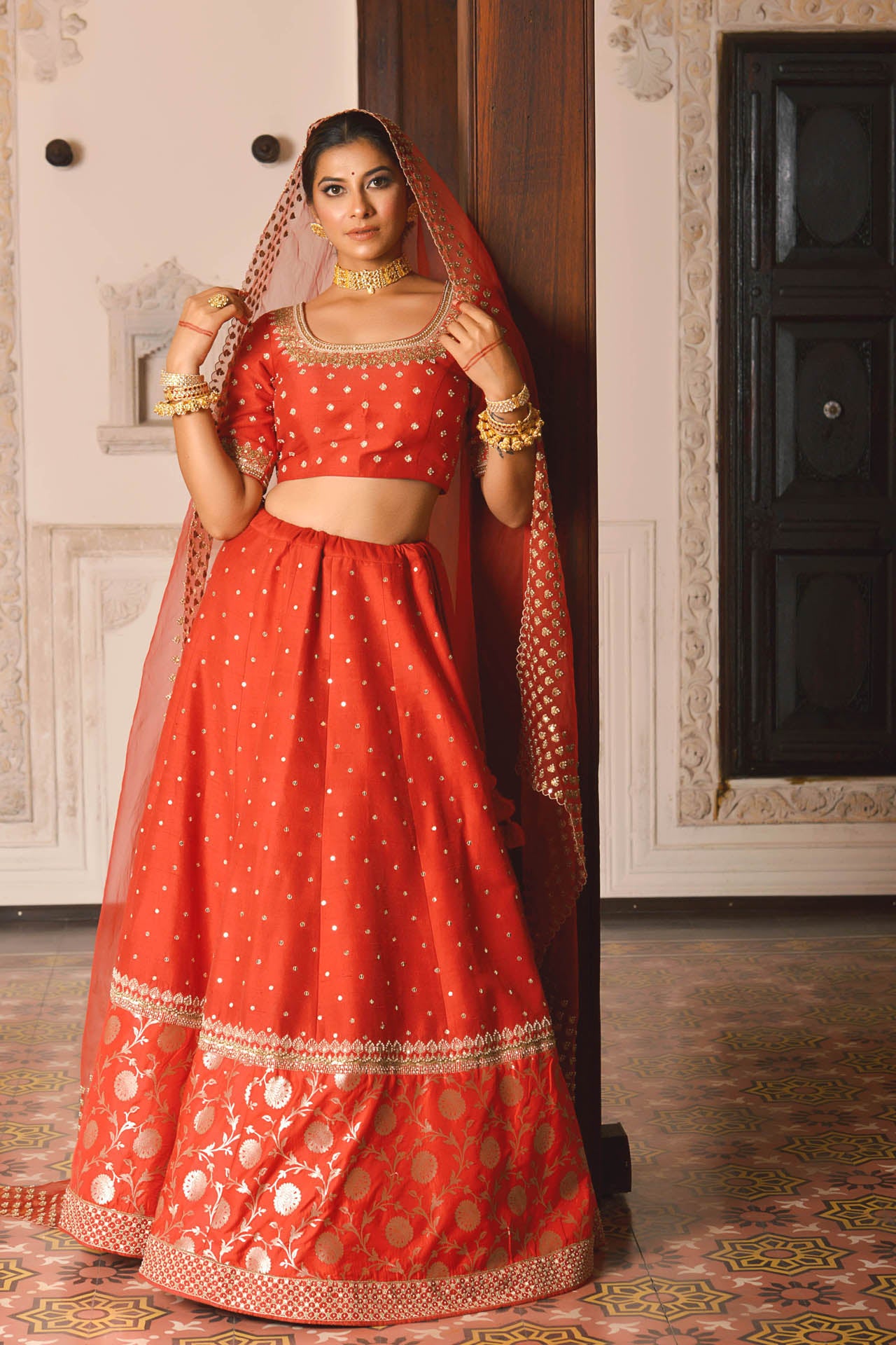 Red Lehenga With Banarasi Panel Set
