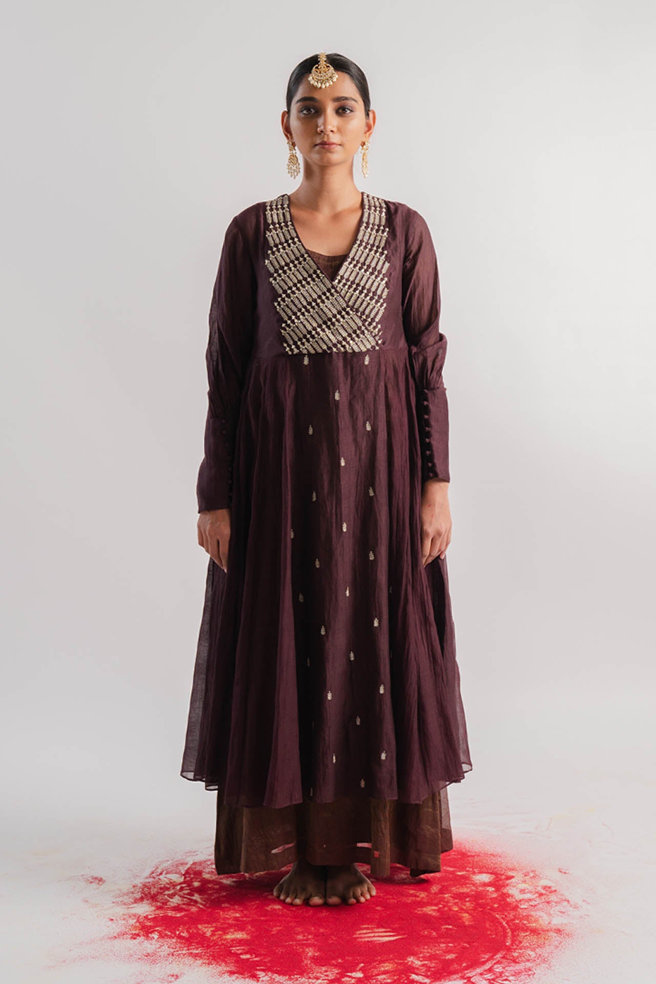 Brown Chanderi Dress With Tissue Inner