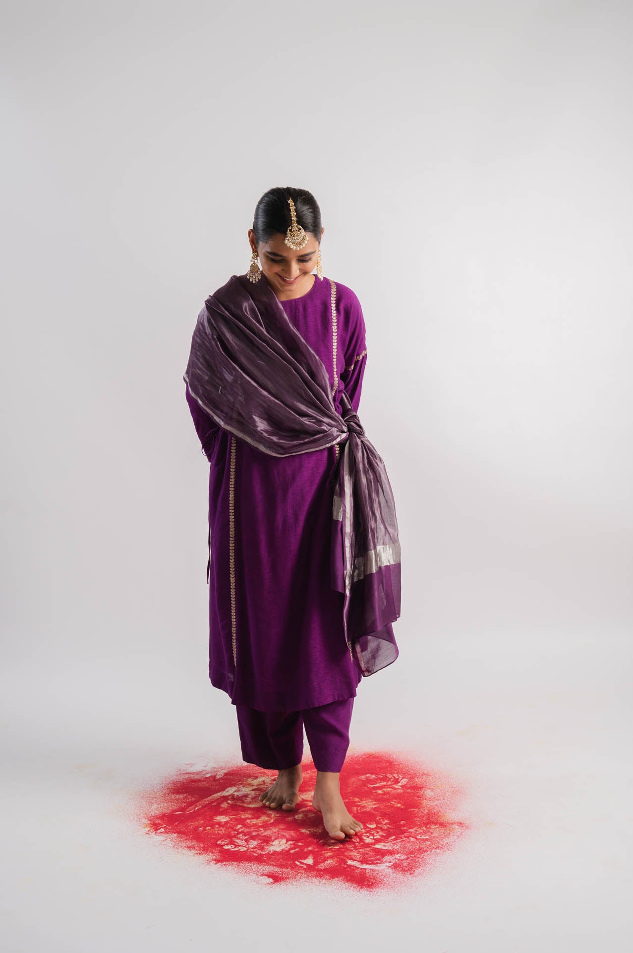 Purple Vertical Line Embroidered Kurta Set