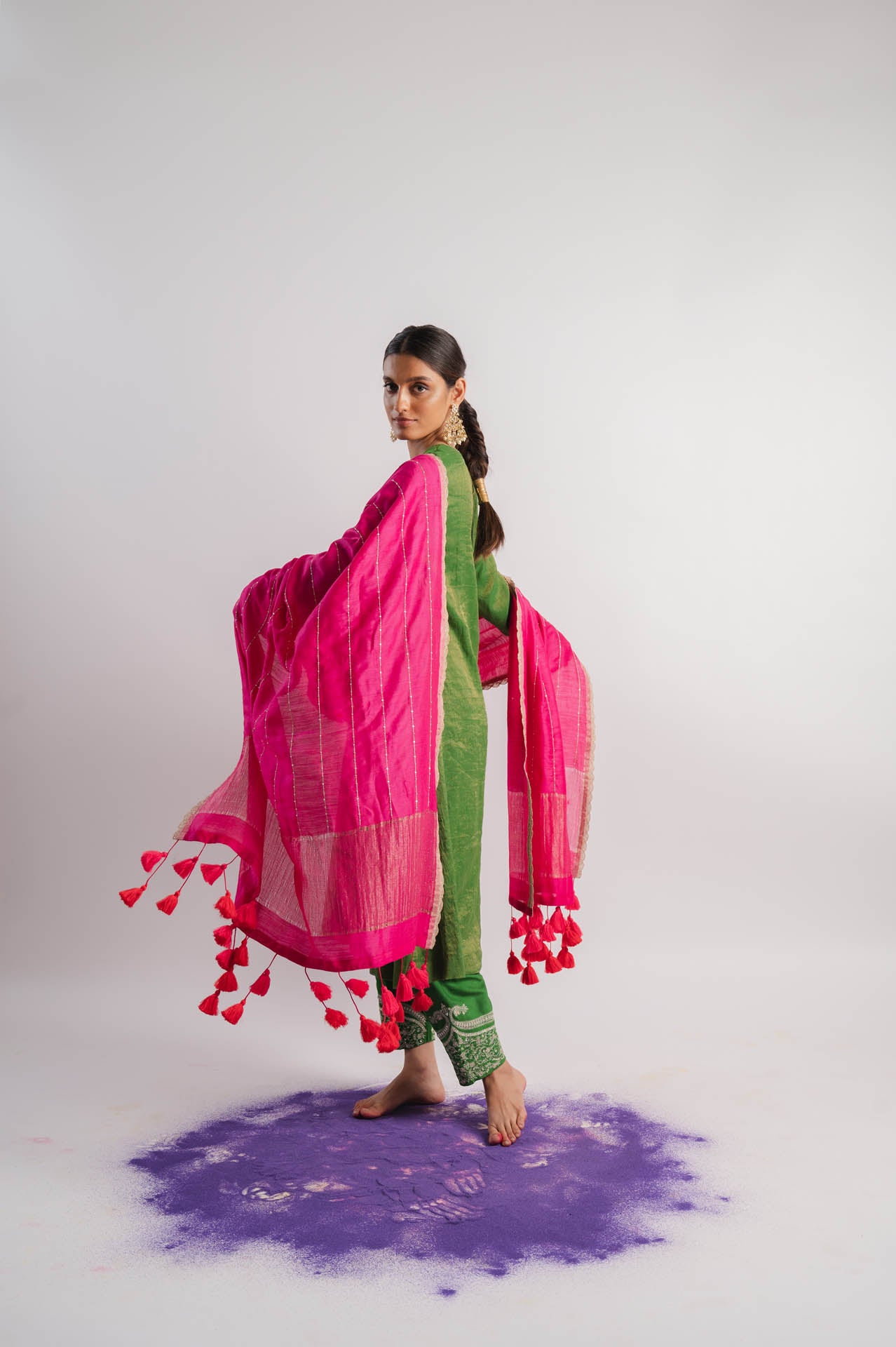 Green V-Neck Tissue Kurta Set