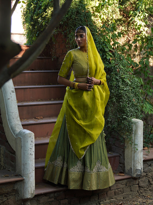 Lime And Olive Green Lehenga Set