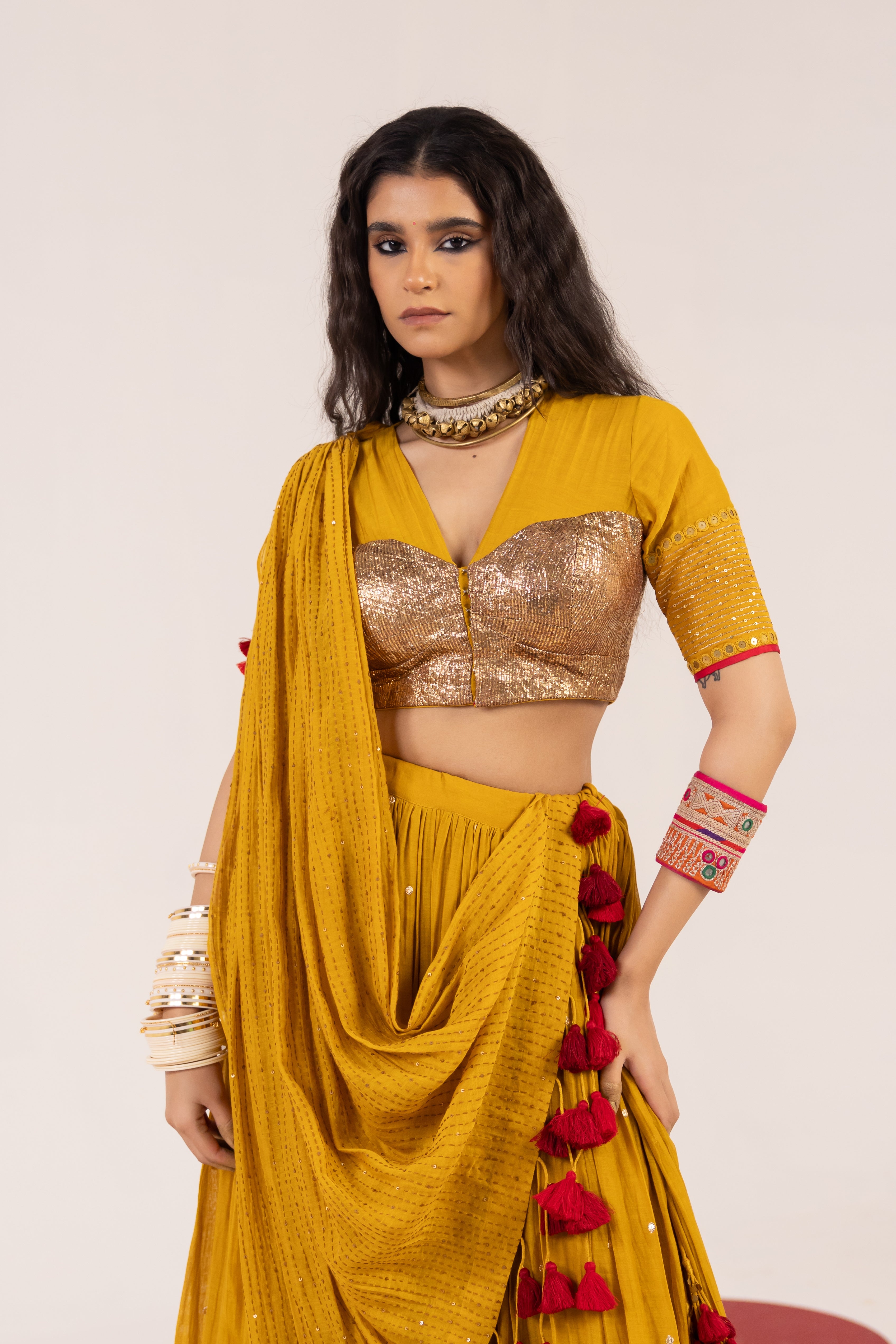 MUSTARD CHANDERI LEHENGA SET