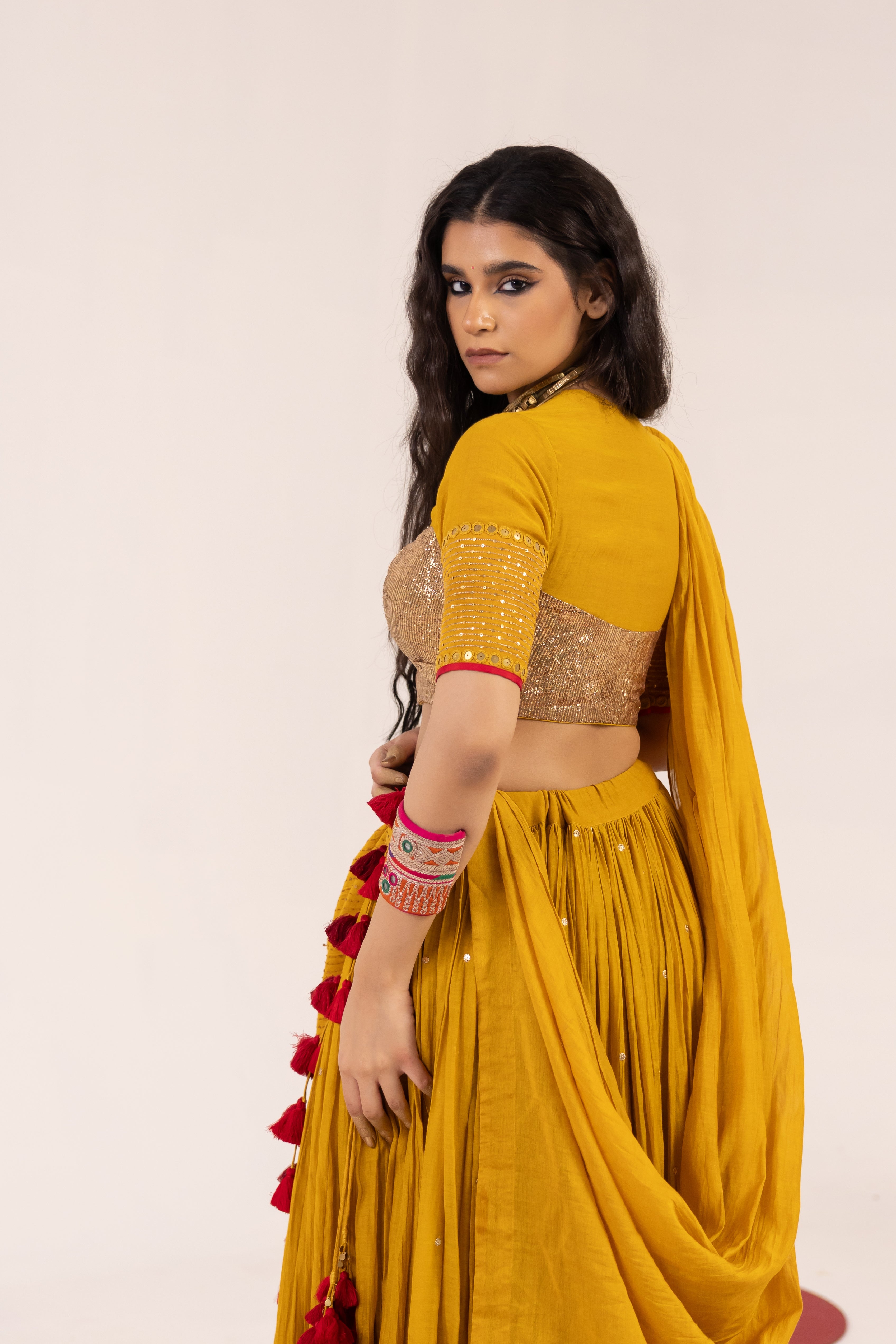 MUSTARD CHANDERI LEHENGA SET