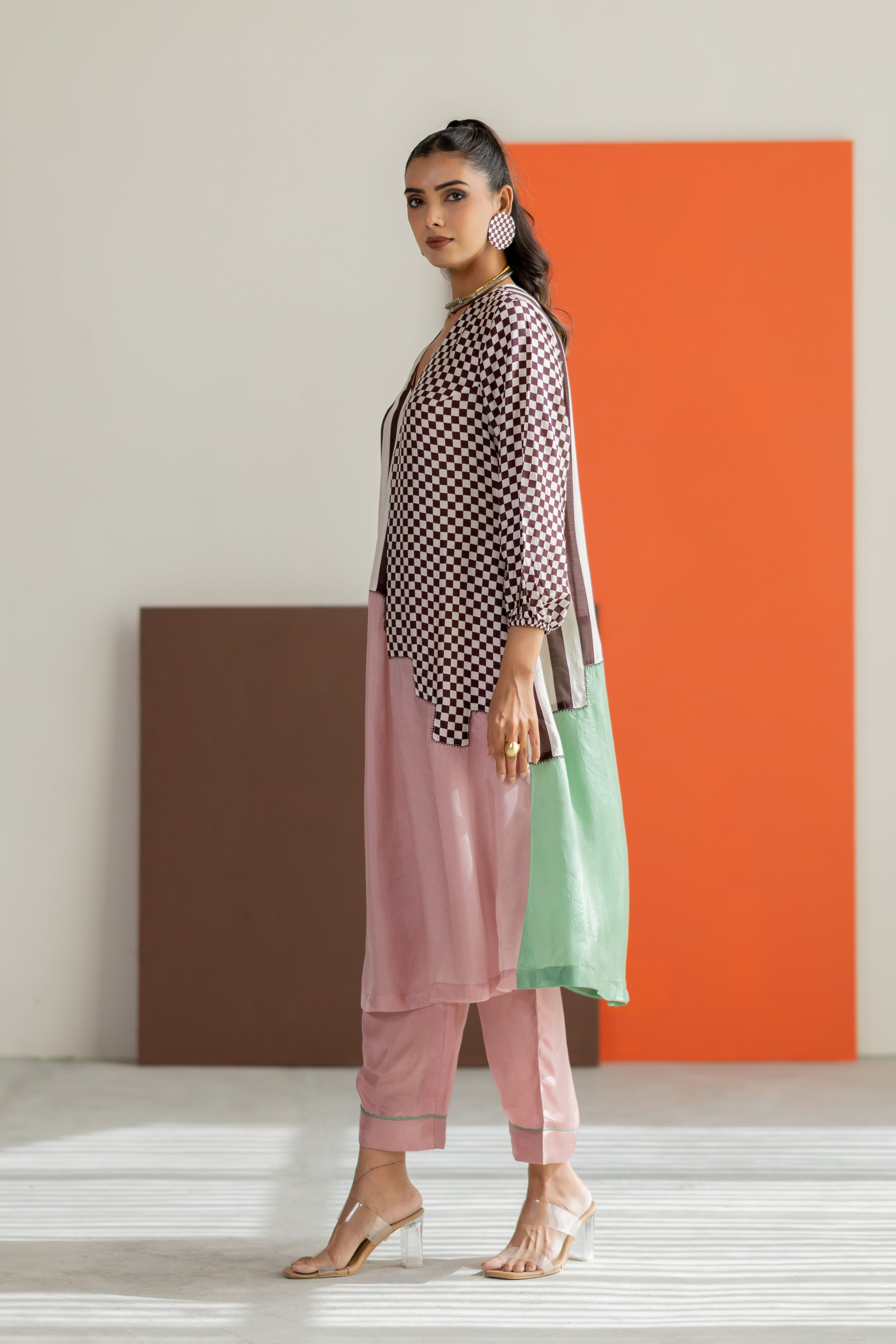 Light Pink and sea green abstract kurta set