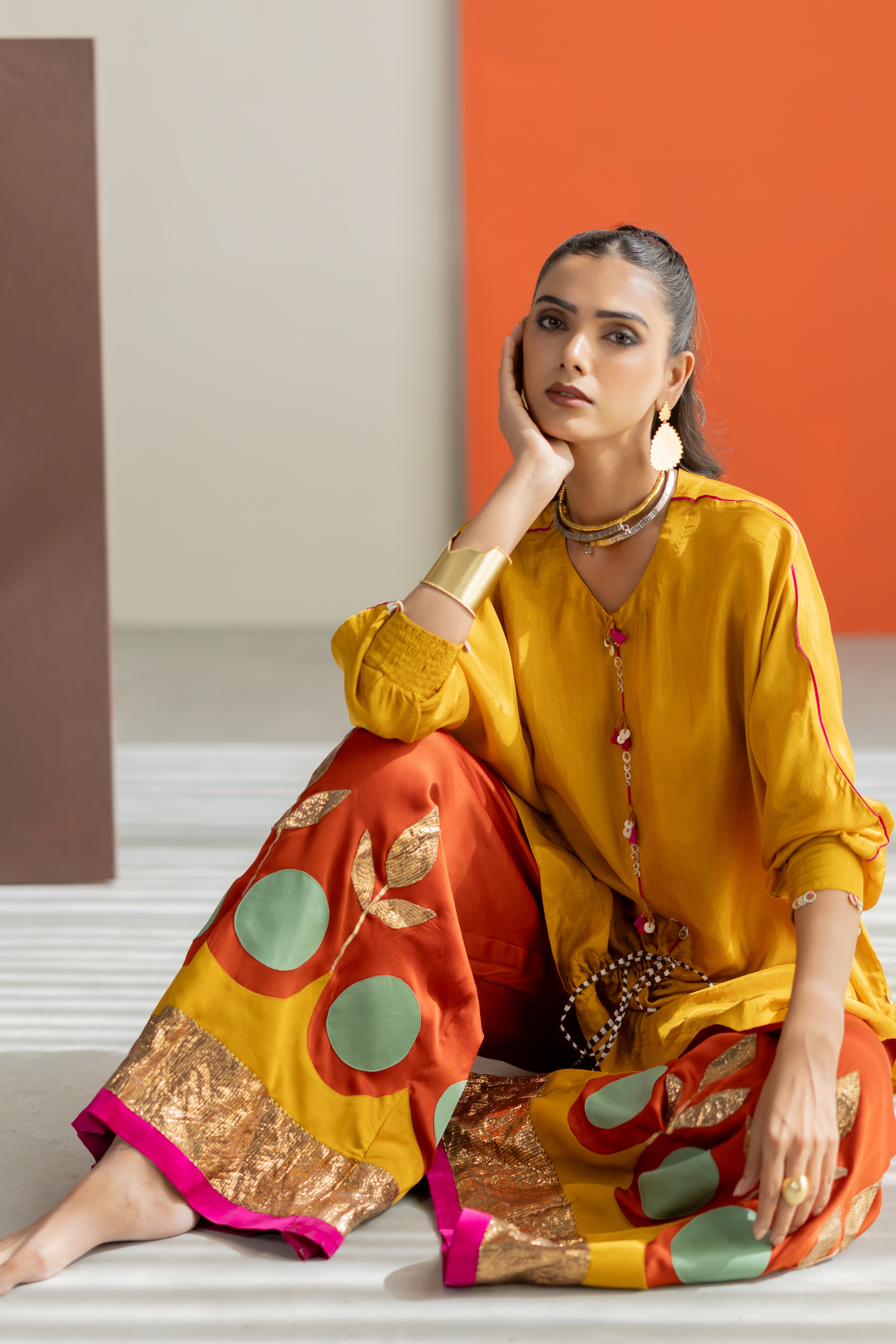 Mustard top and orange lampi gota pants set