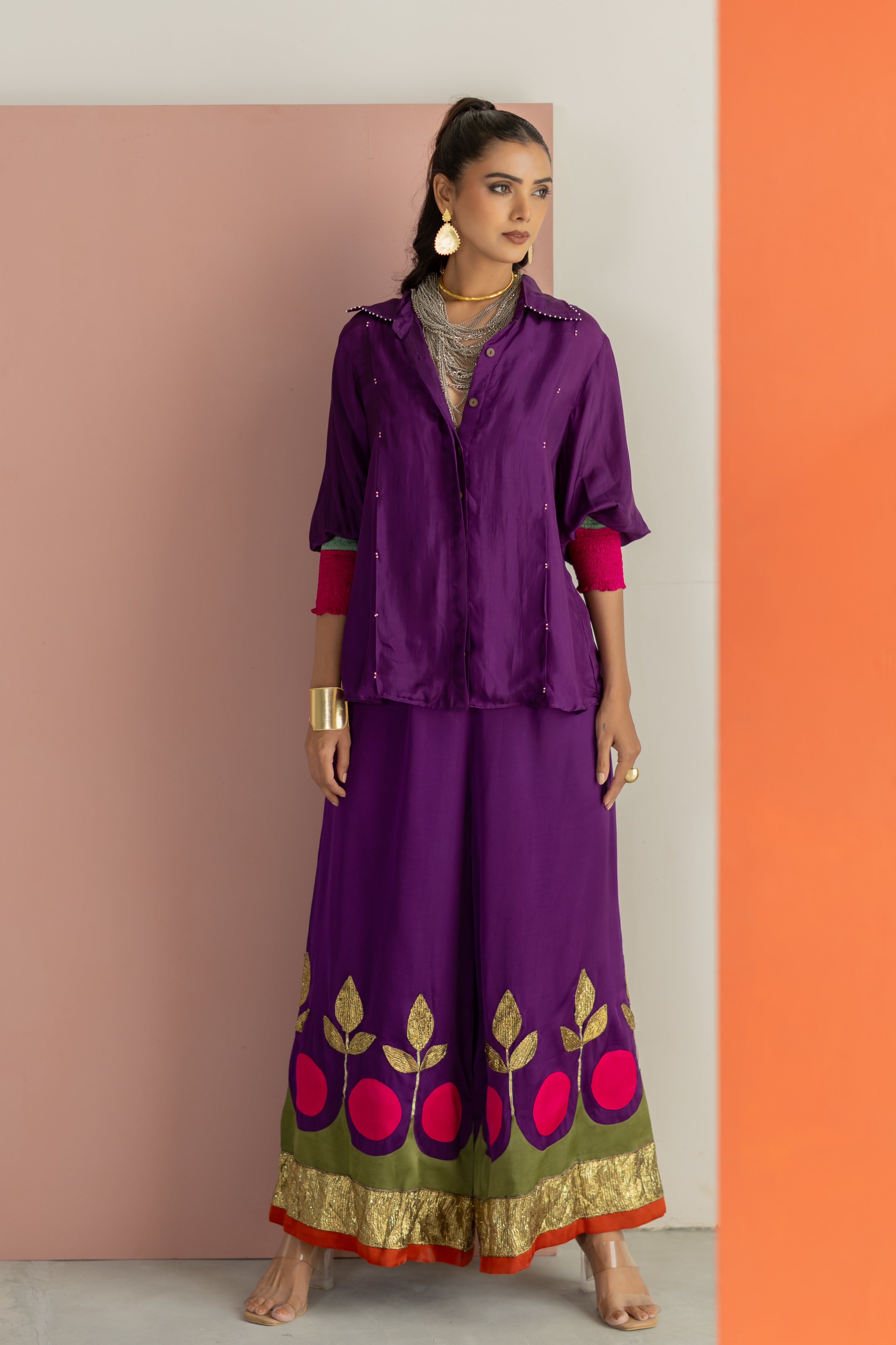 Purple shirt with lampi gota co-ord set