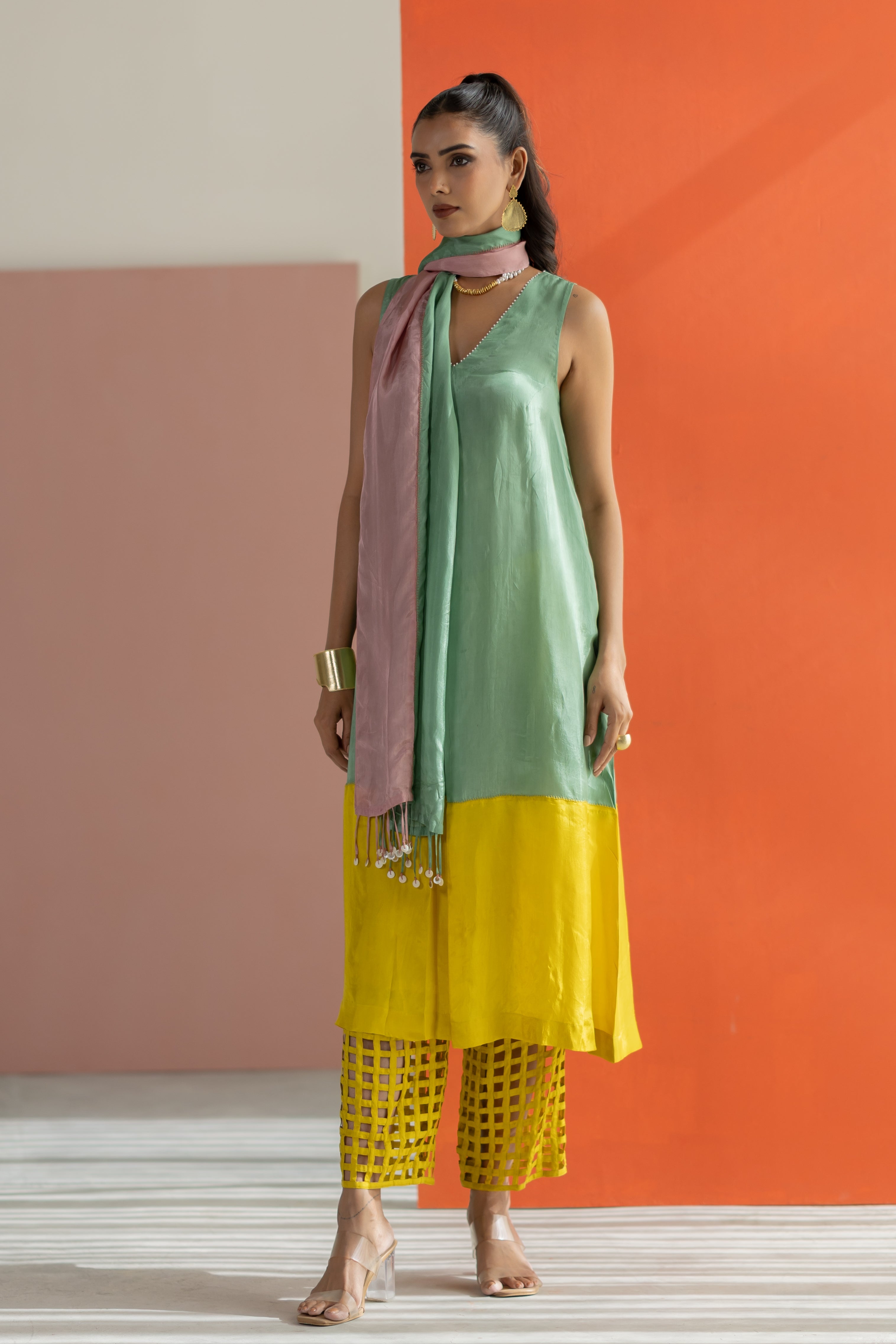 Sea green and lime yellow kurta set