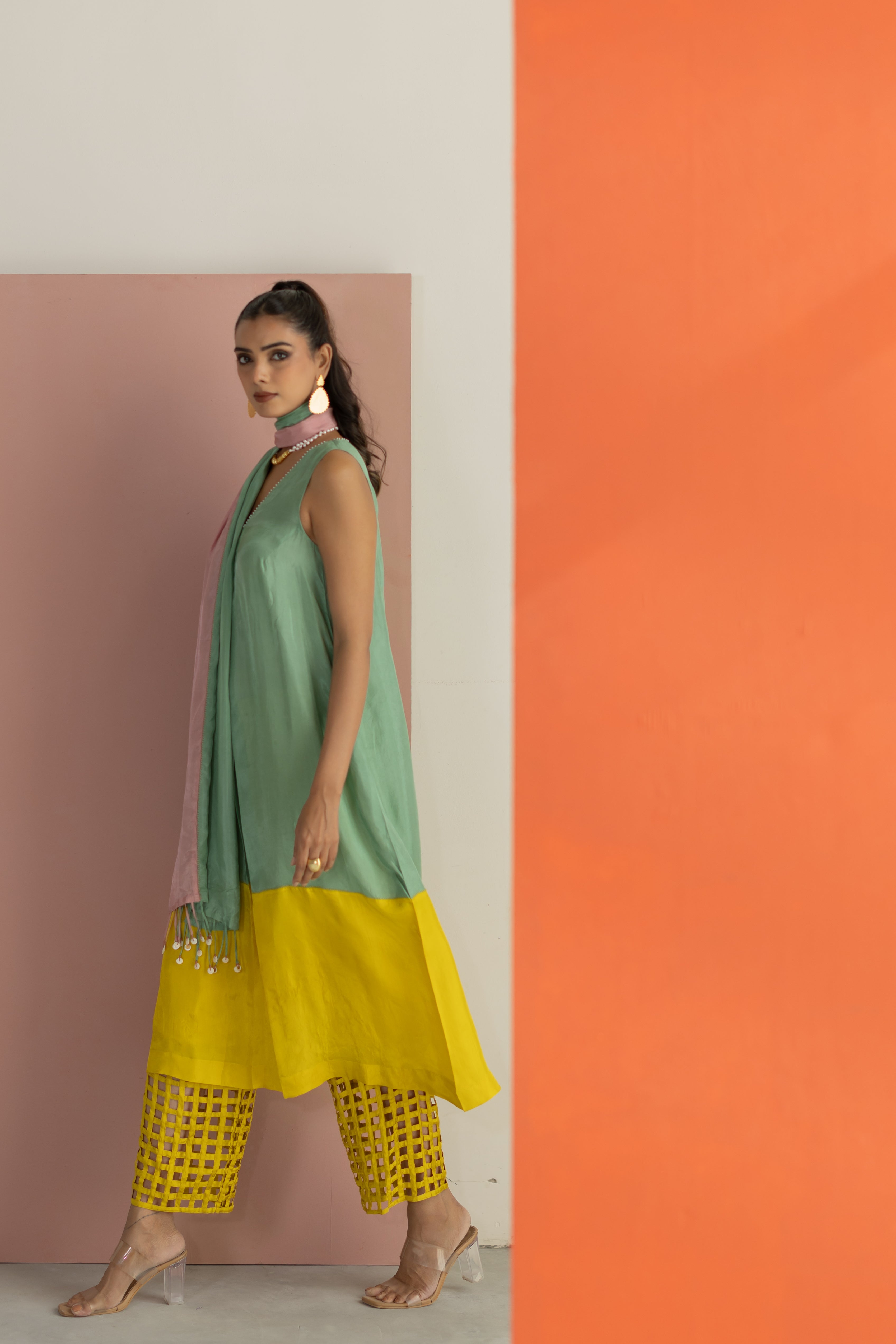Sea green and lime yellow kurta set