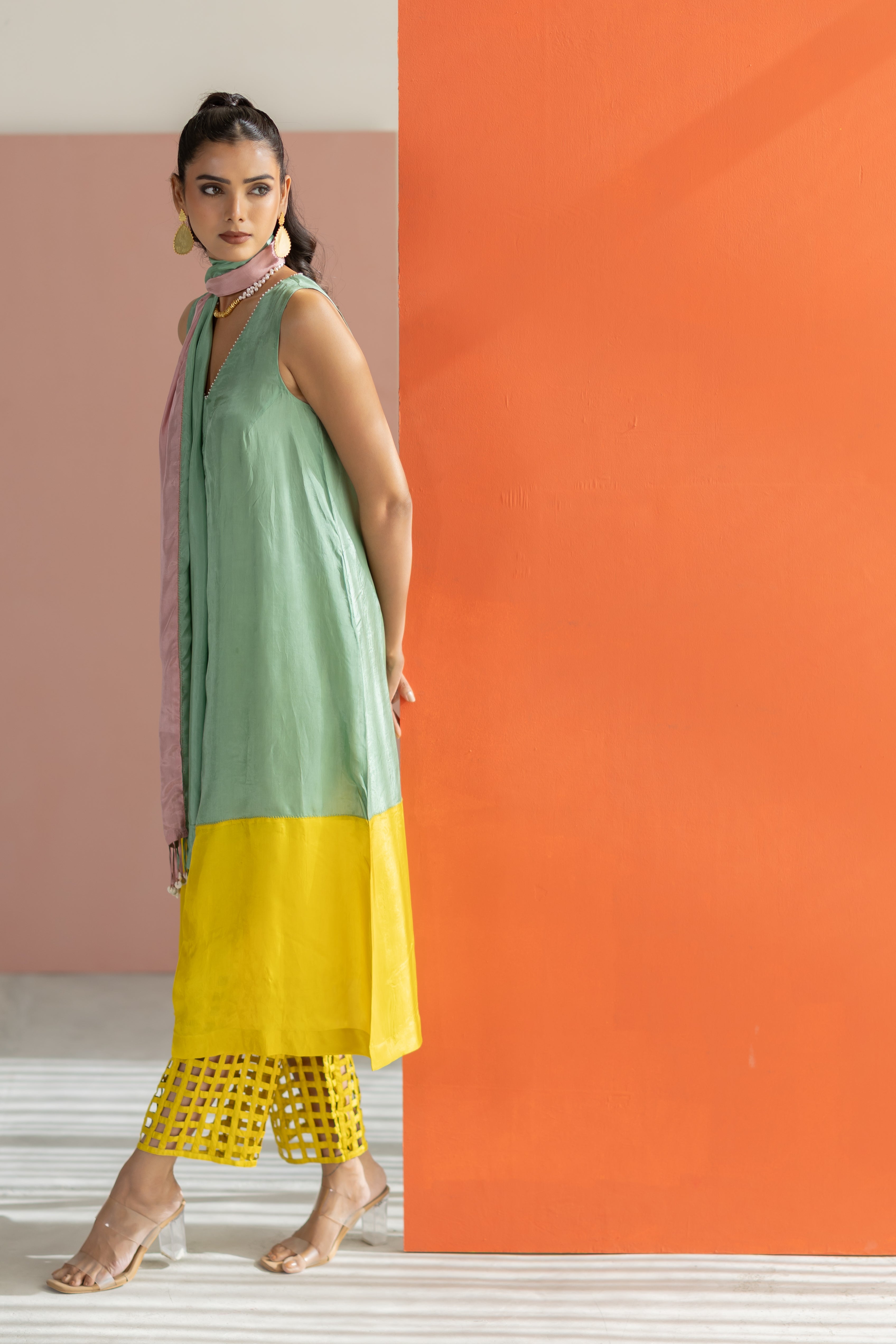 Sea green and lime yellow kurta set