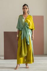 Lime yellow & sea green colorblock kaftan set
