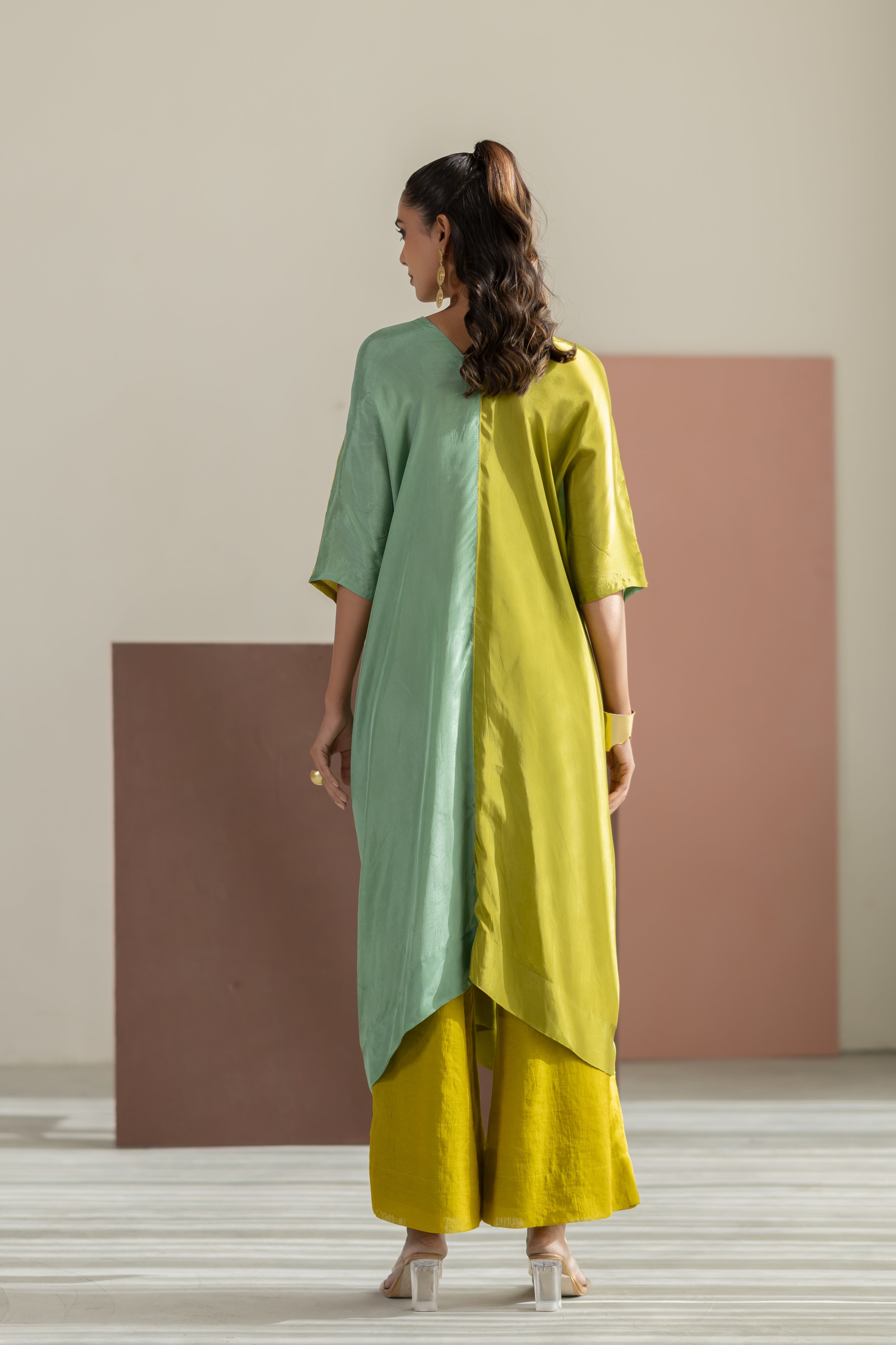 Lime yellow & sea green colorblock kaftan set