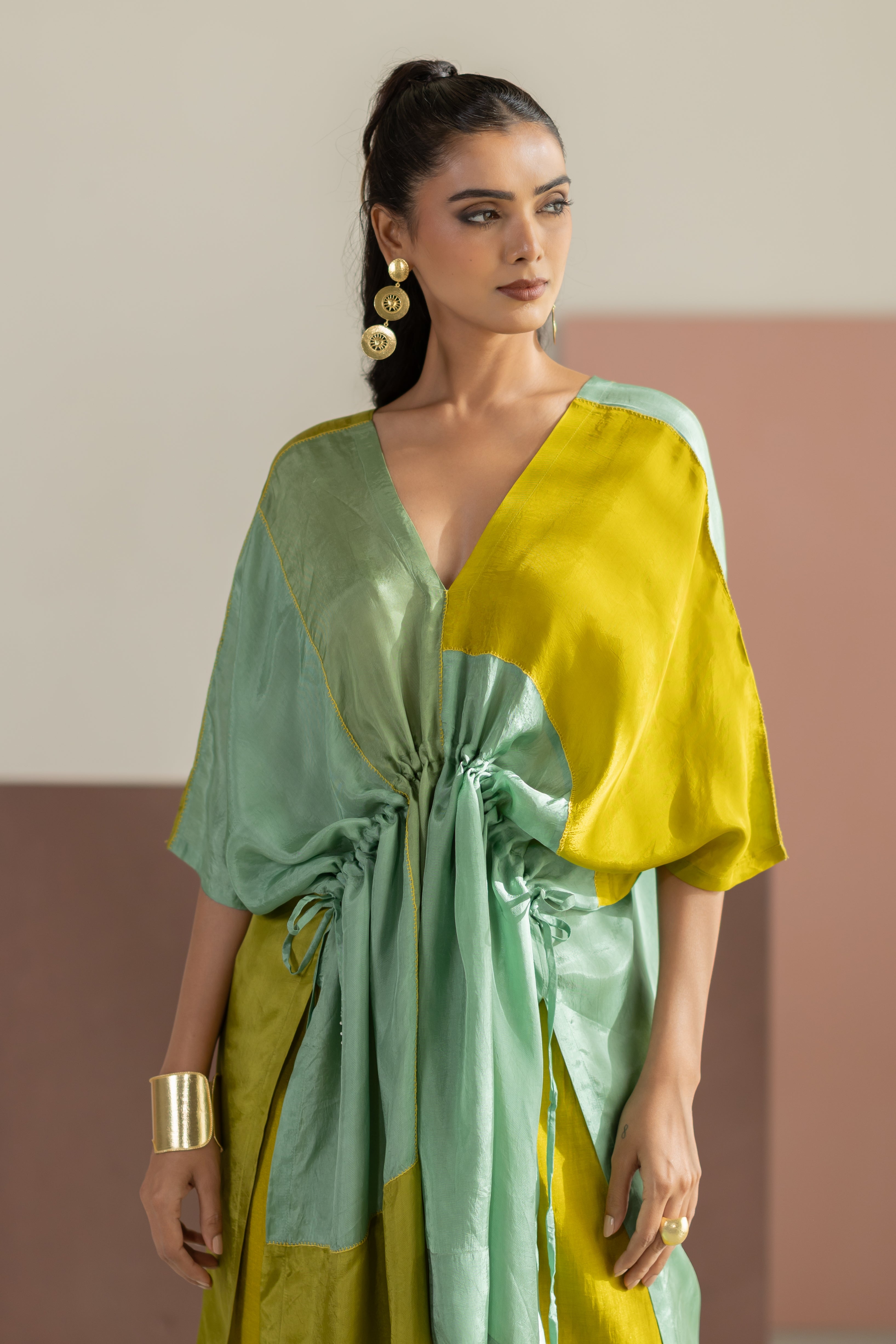 Lime yellow & sea green colorblock kaftan set