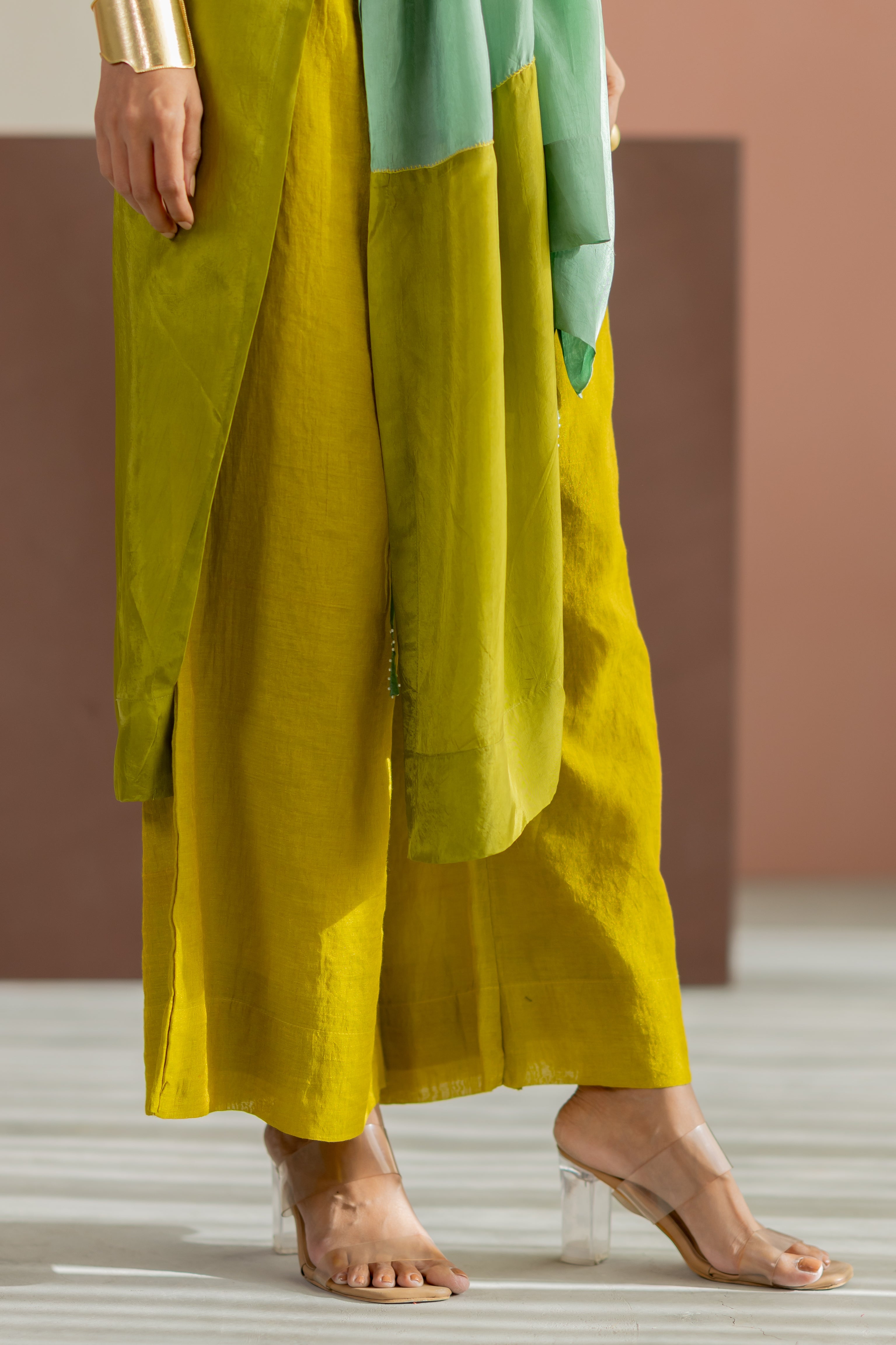 Lime yellow & sea green colorblock kaftan set