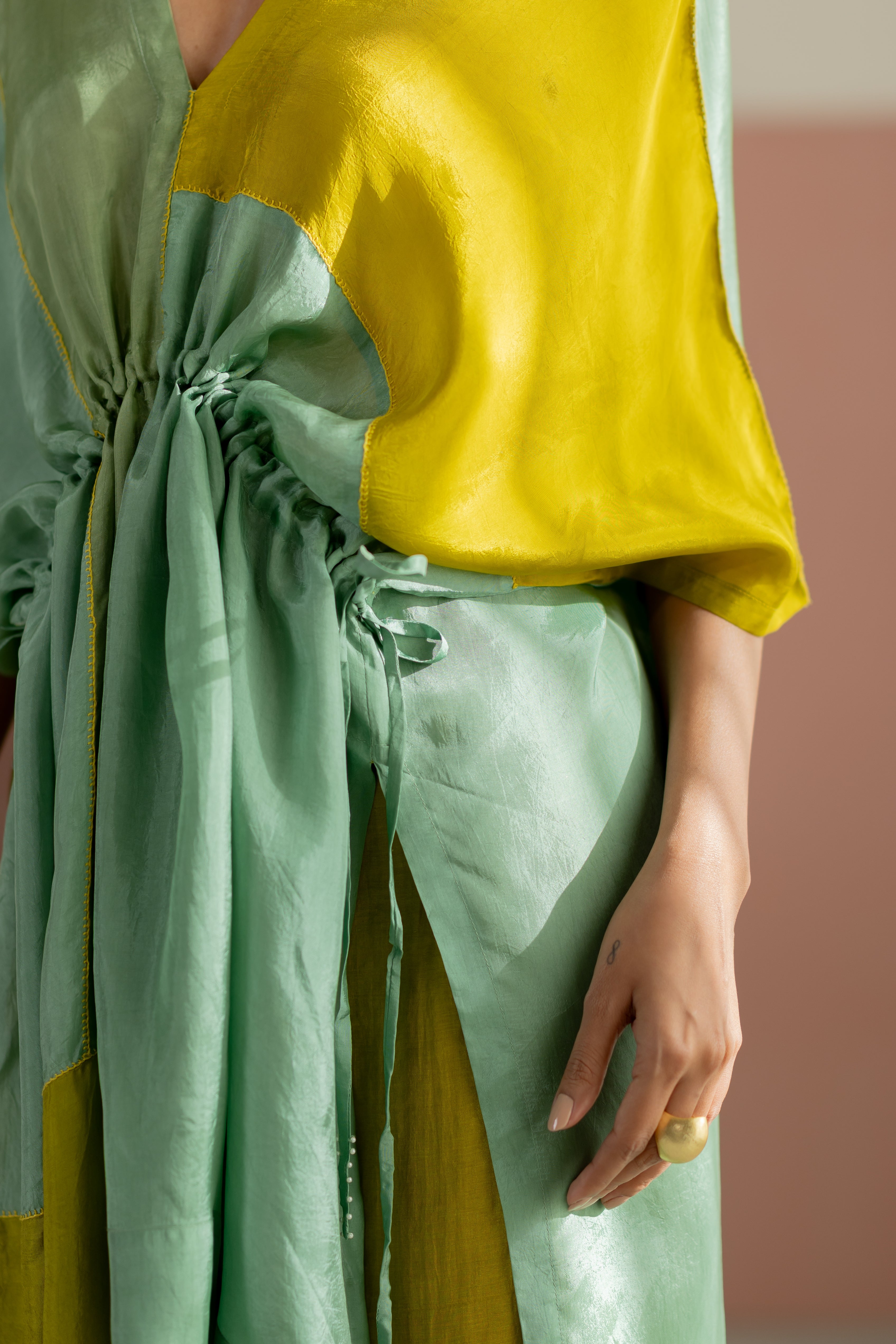 Lime yellow & sea green colorblock kaftan set