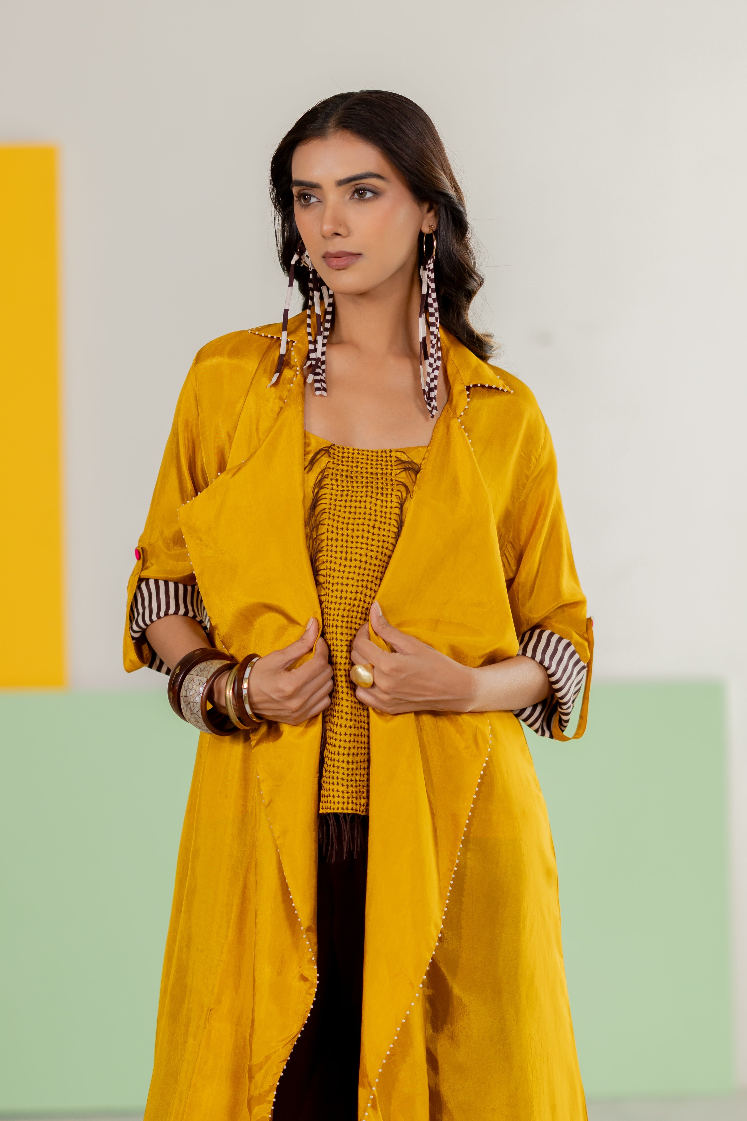 Mustard habutai silk jacket set