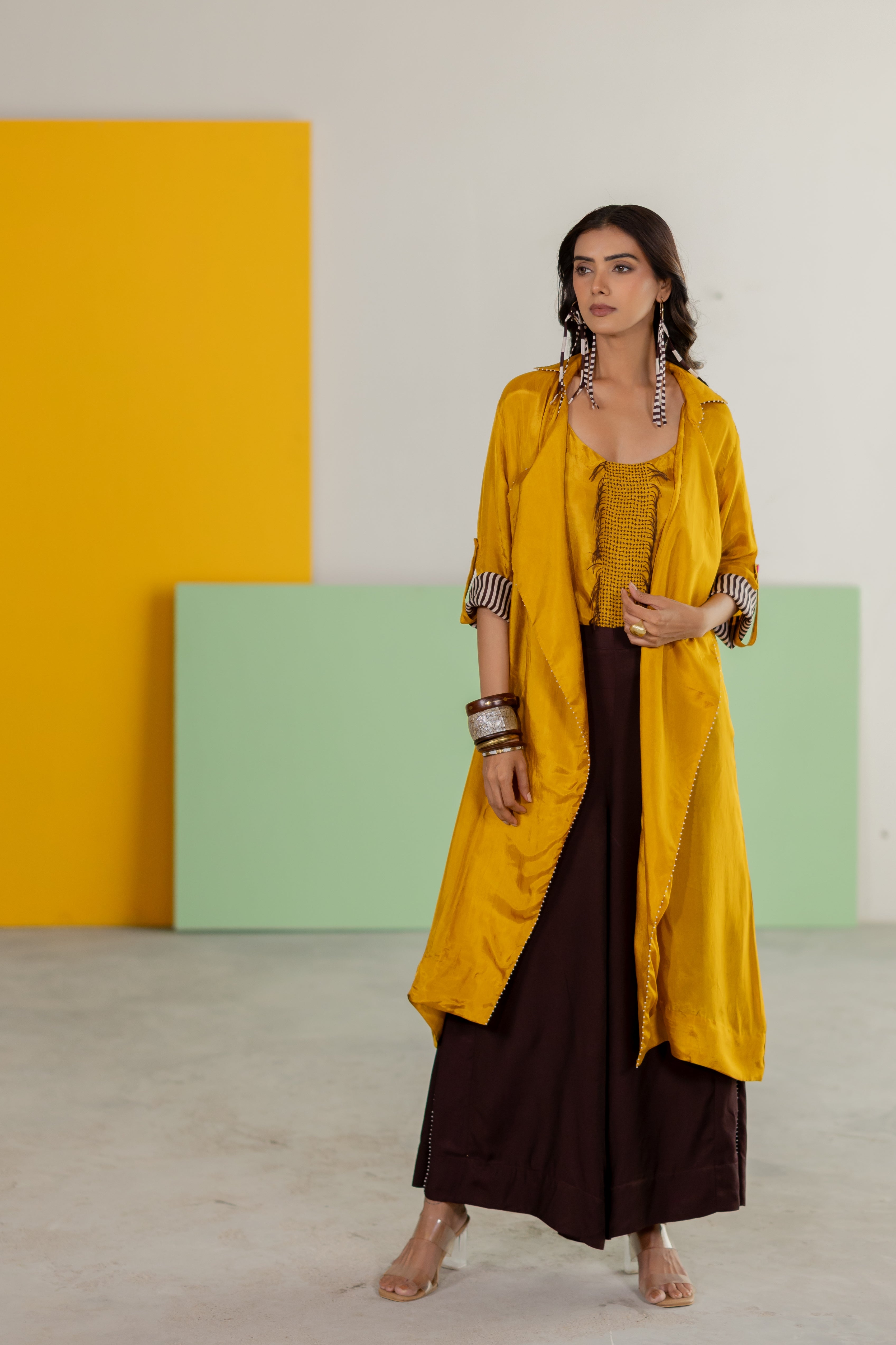 Mustard habutai silk jacket set
