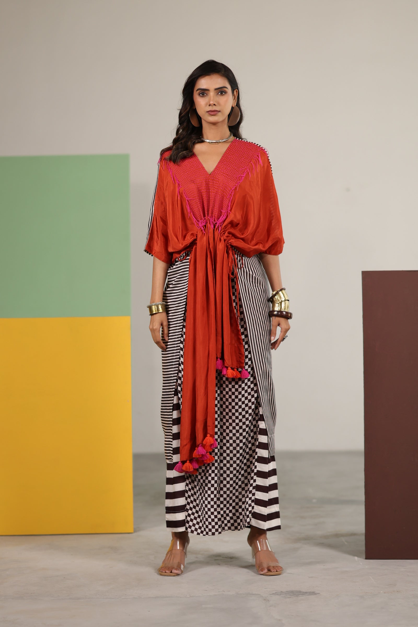 Orange habutai silk kaftan set