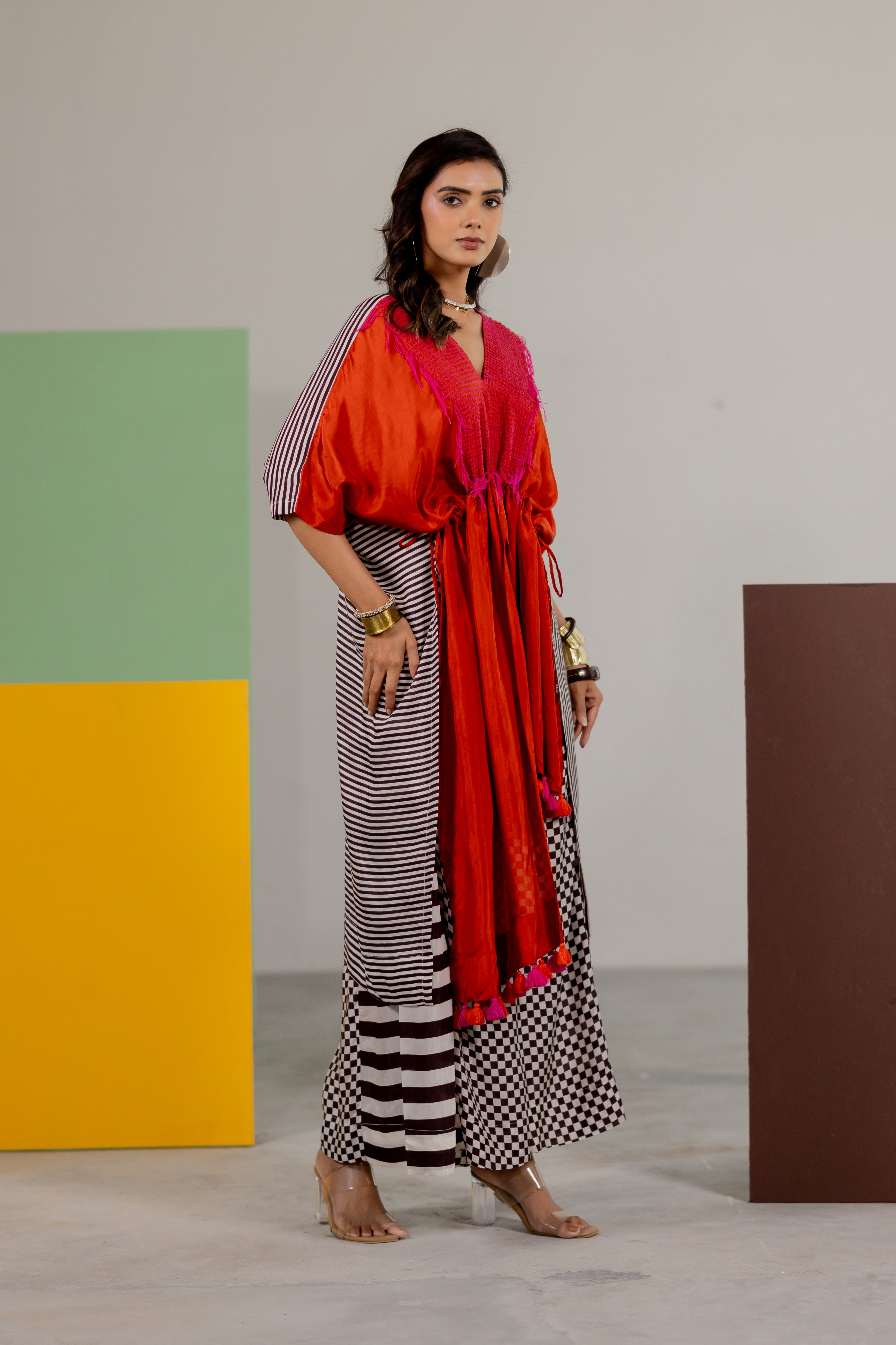 Orange habutai silk kaftan set