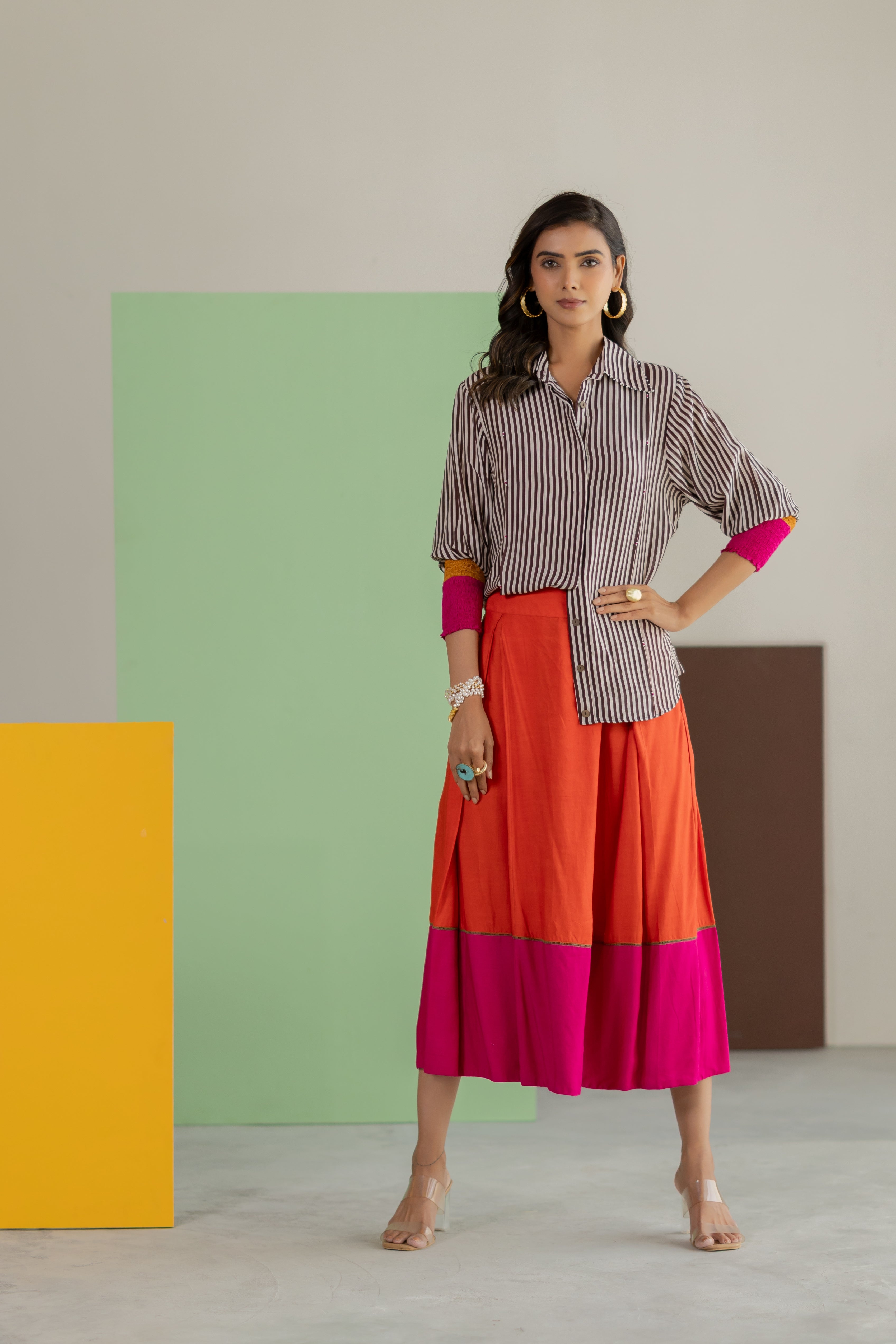 stripe shirt and orange skirt set
