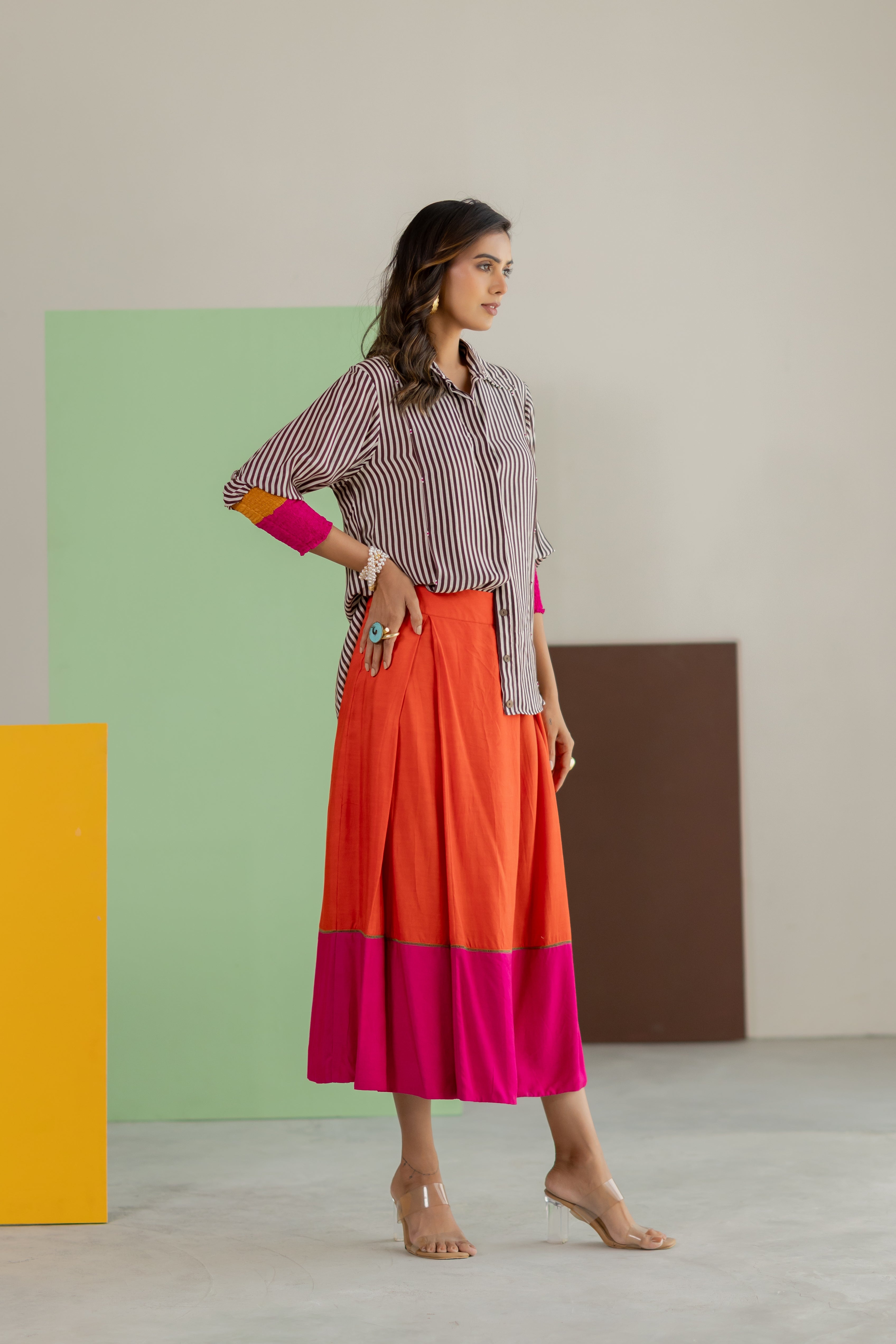 stripe shirt and orange skirt set