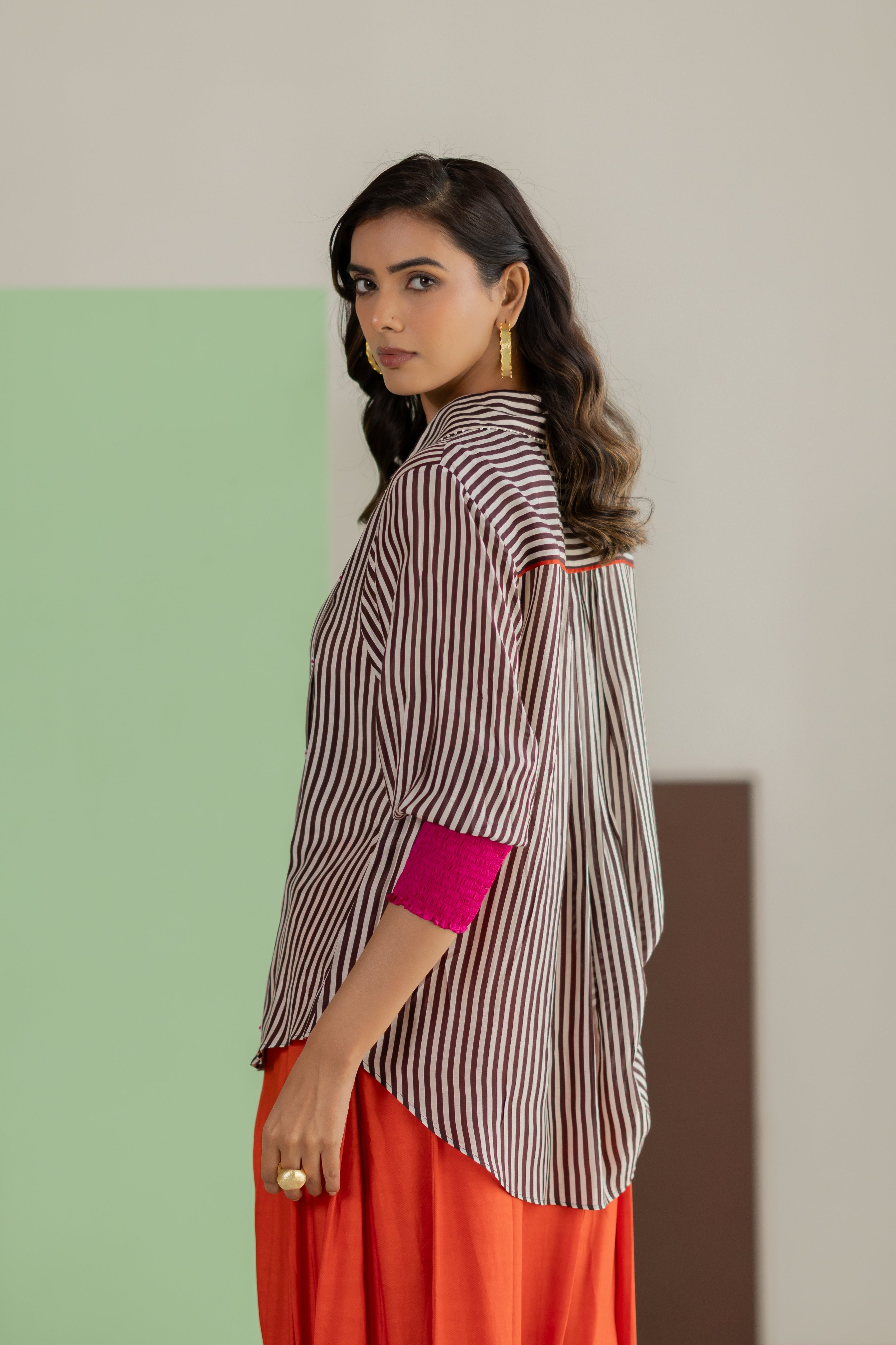 stripe shirt and orange skirt set