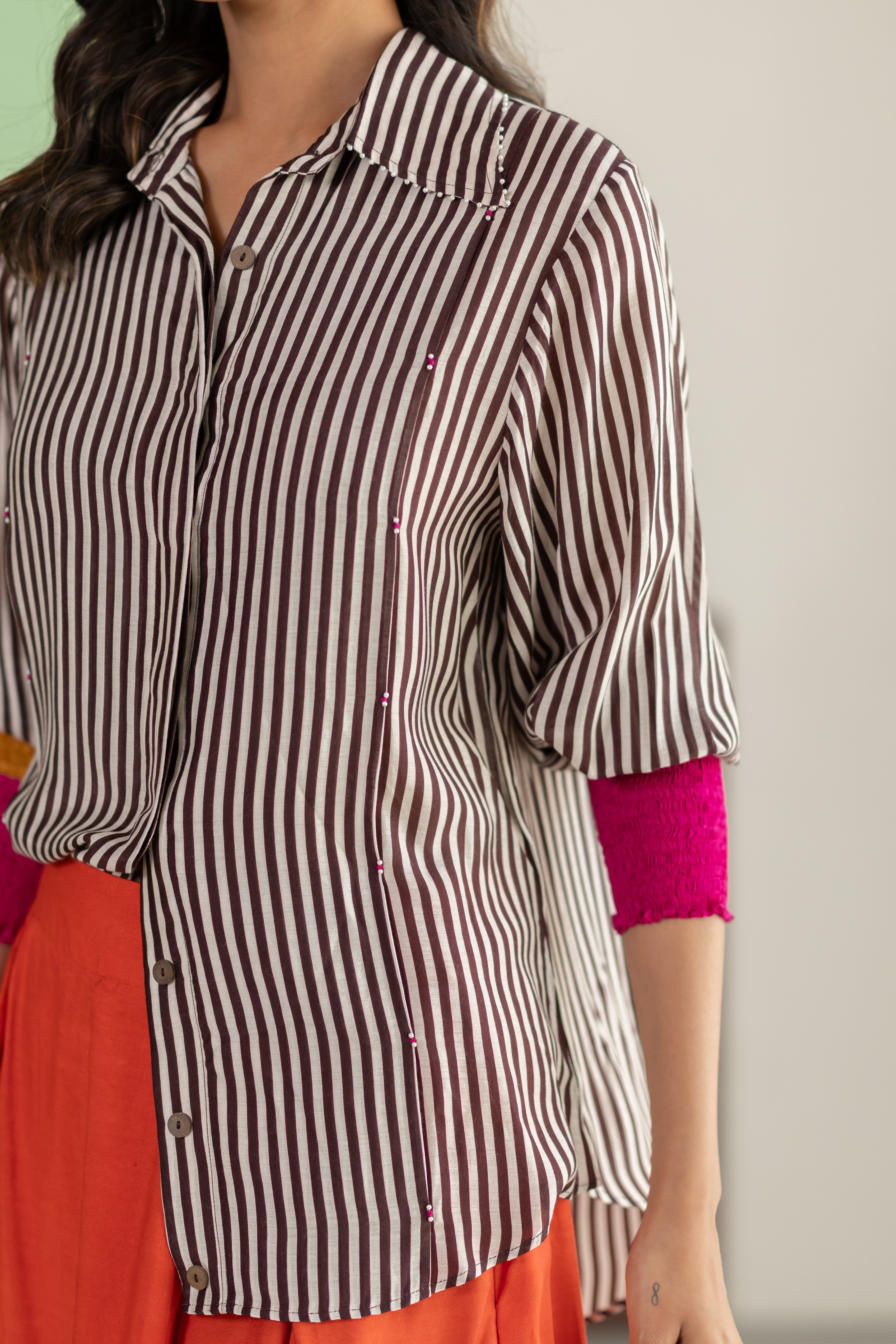 stripe shirt and orange skirt set