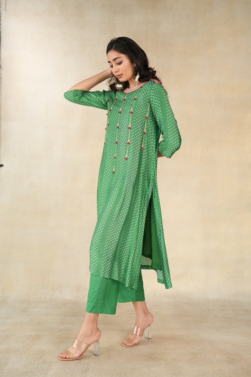 Dark green bandhani striped printed kurta set